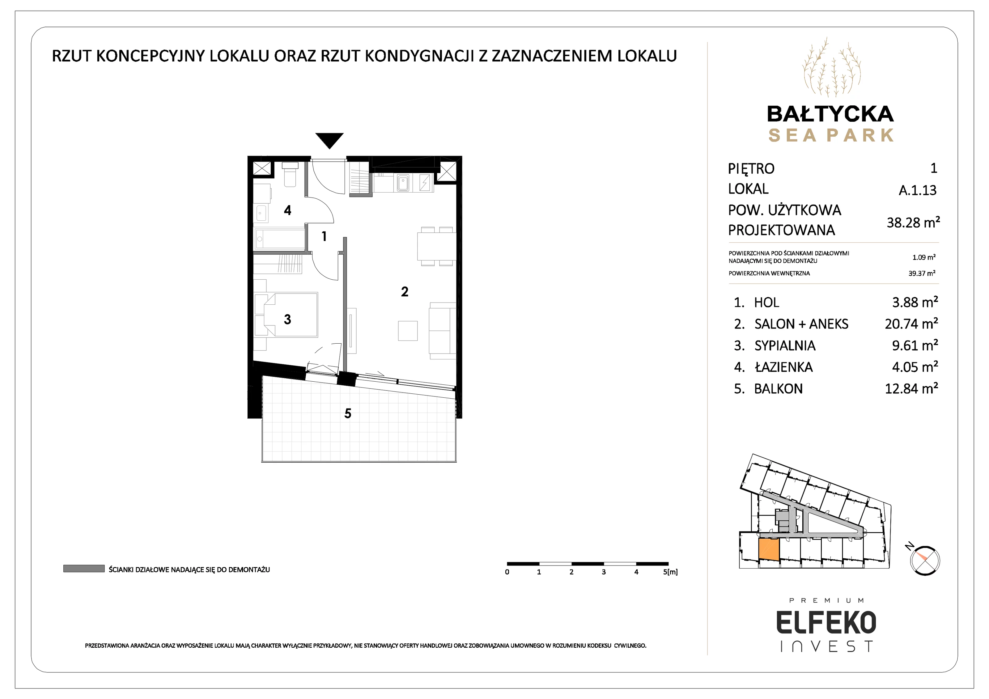 2 pokoje, mieszkanie 38,28 m², piętro 1, oferta nr A.1.13, Bałtycka Sea Park, Krynica Morska, ul. Bałtycka