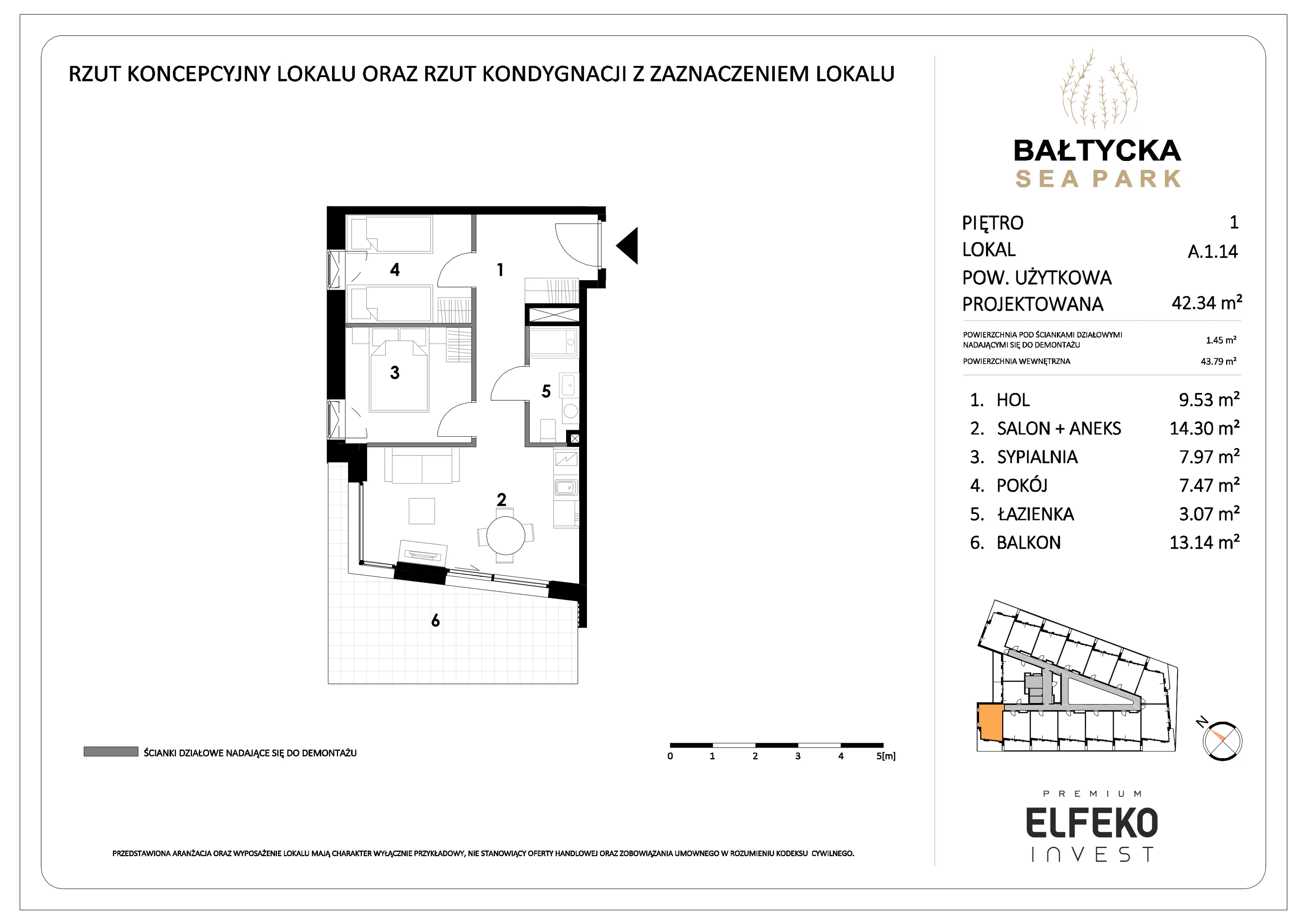 3 pokoje, apartament 42,34 m², piętro 1, oferta nr A.1.14, Bałtycka Sea Park, Krynica Morska, ul. Bałtycka