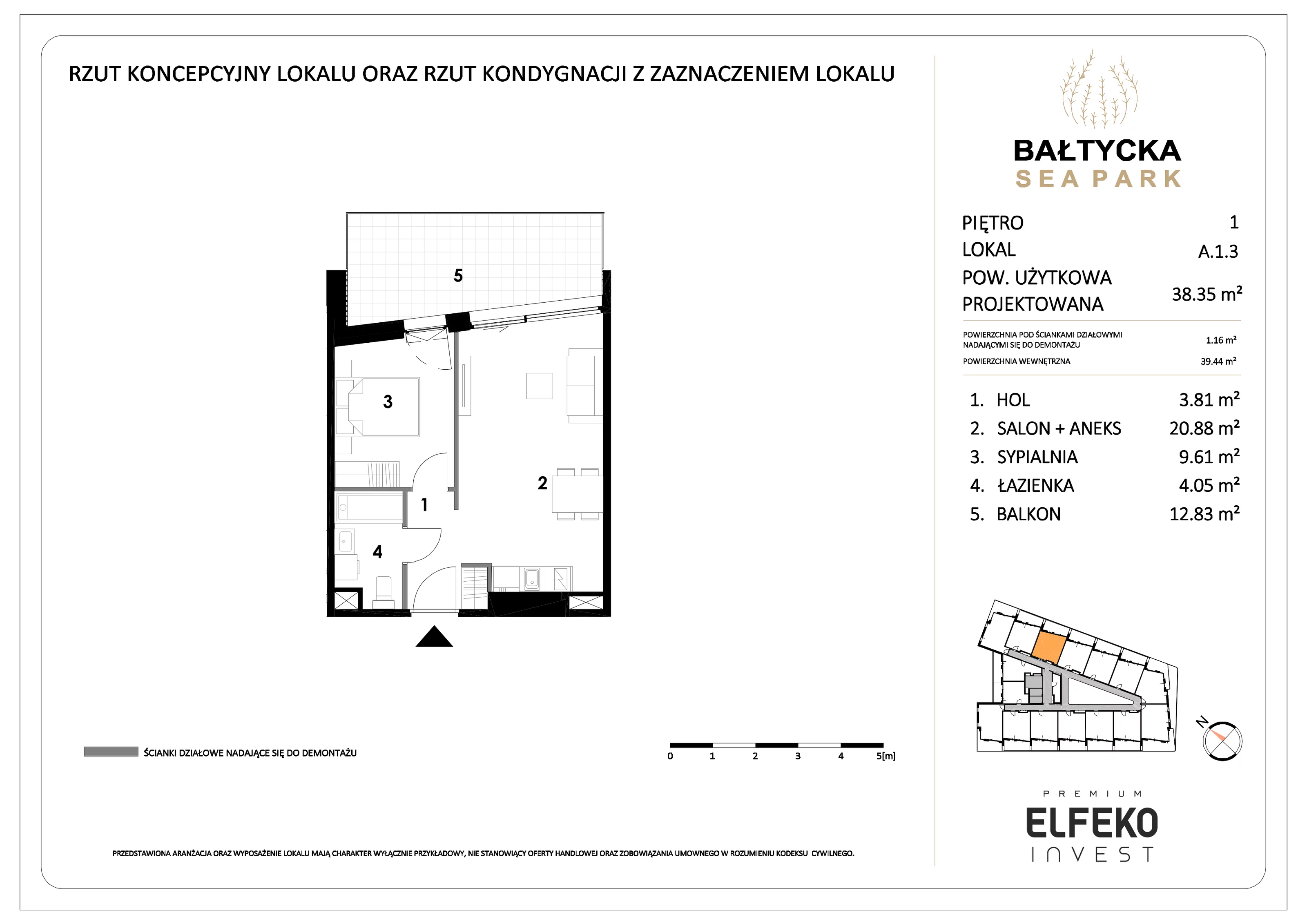 2 pokoje, mieszkanie 38,35 m², piętro 1, oferta nr A.1.3, Bałtycka Sea Park, Krynica Morska, ul. Bałtycka