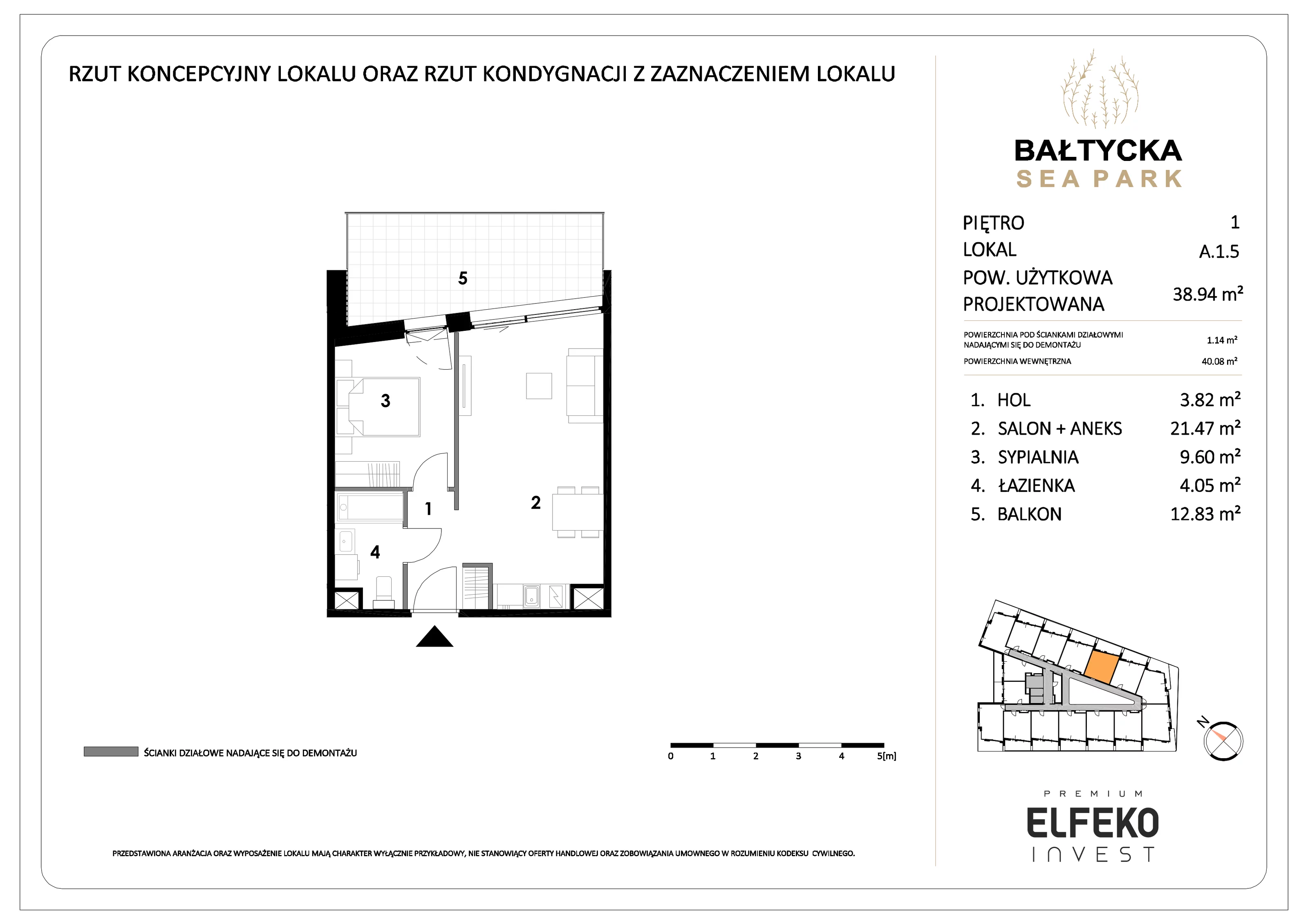 2 pokoje, mieszkanie 38,94 m², piętro 1, oferta nr A.1.5, Bałtycka Sea Park, Krynica Morska, ul. Bałtycka