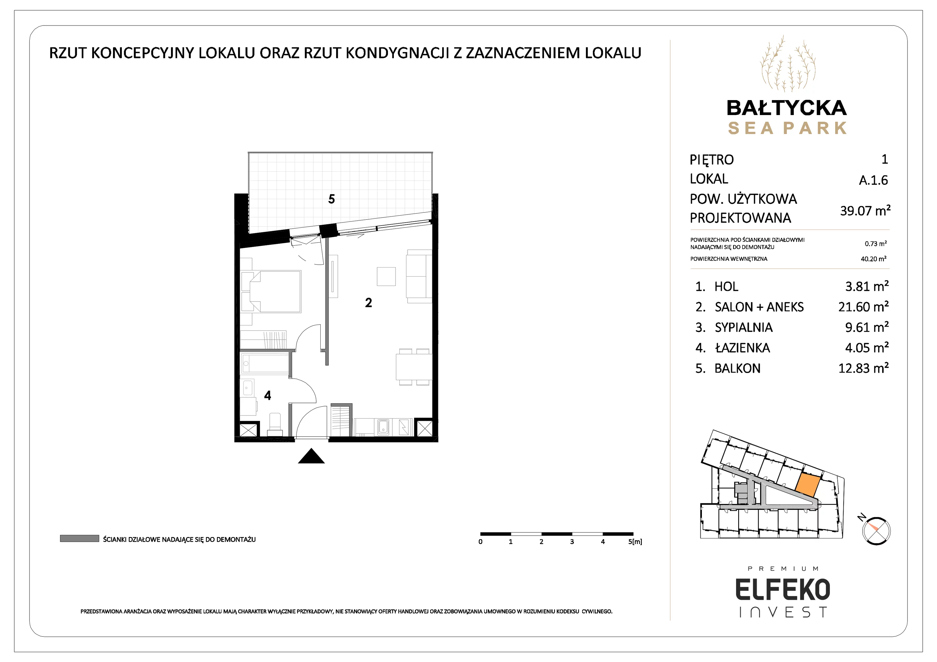 2 pokoje, mieszkanie 39,07 m², piętro 1, oferta nr A.1.6, Bałtycka Sea Park, Krynica Morska, ul. Bałtycka