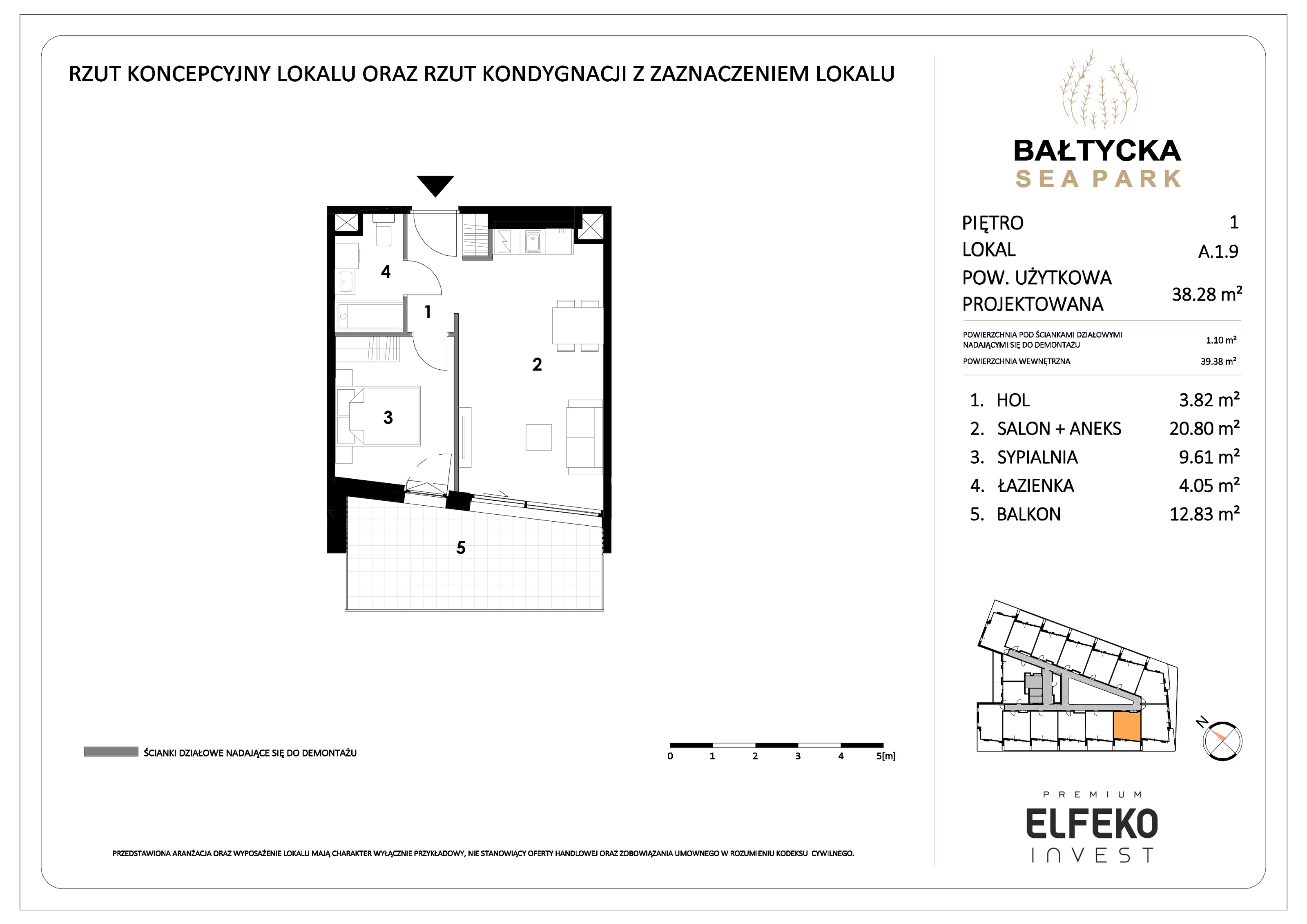 2 pokoje, mieszkanie 38,28 m², piętro 1, oferta nr A.1.9, Bałtycka Sea Park, Krynica Morska, ul. Bałtycka