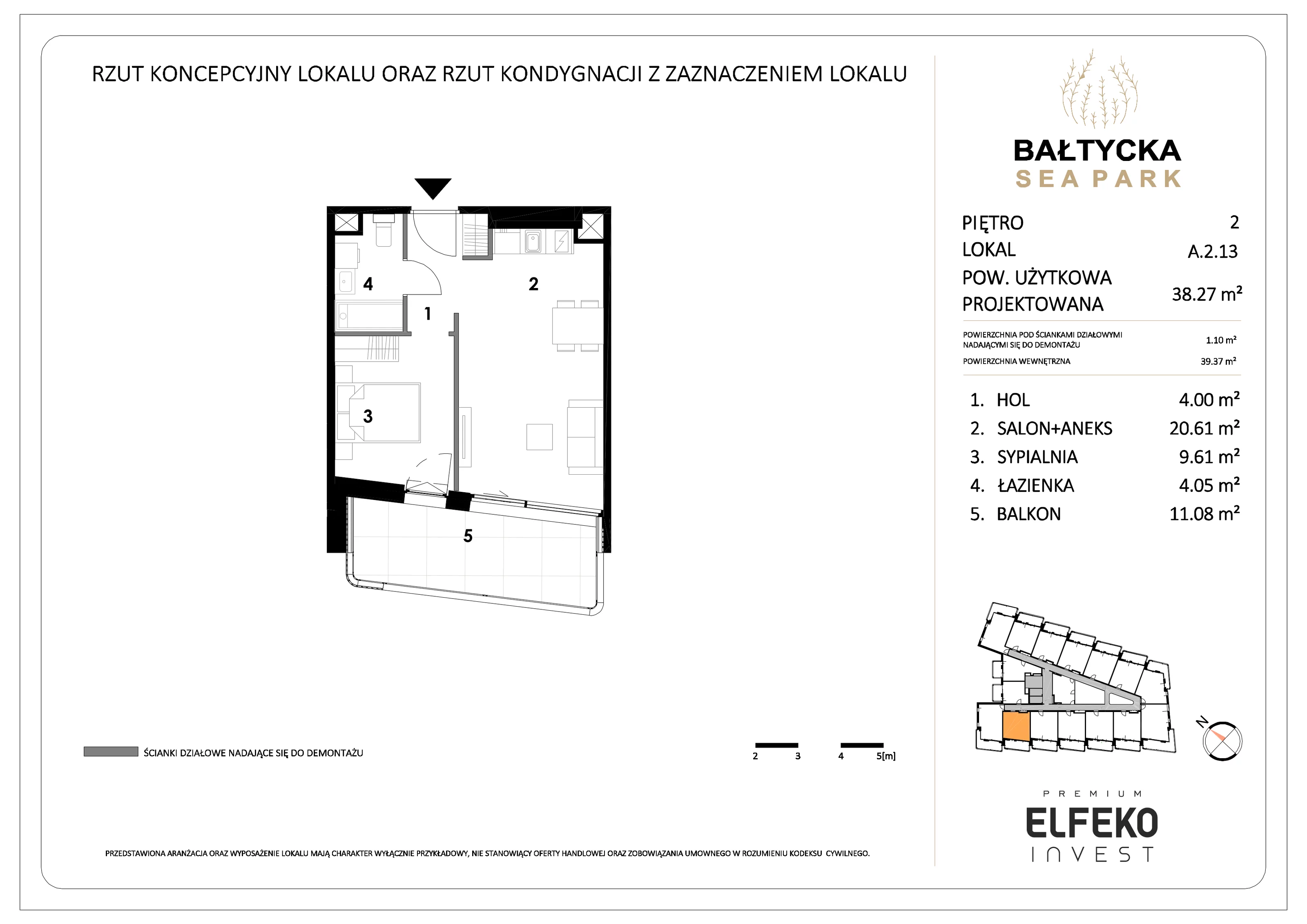 2 pokoje, mieszkanie 38,27 m², piętro 2, oferta nr A.2.13, Bałtycka Sea Park, Krynica Morska, ul. Bałtycka