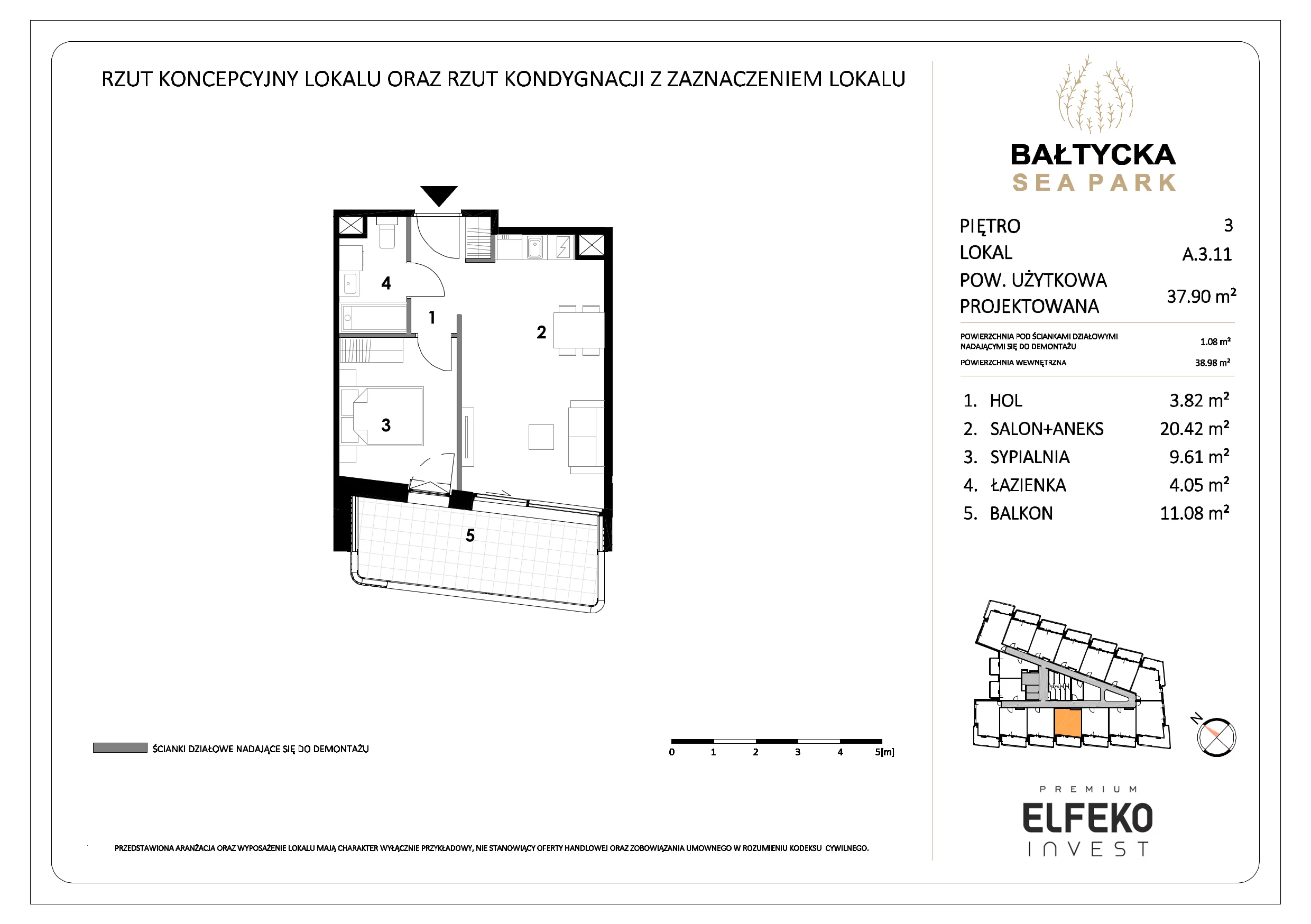 2 pokoje, mieszkanie 37,90 m², piętro 3, oferta nr A.3.11, Bałtycka Sea Park, Krynica Morska, ul. Bałtycka