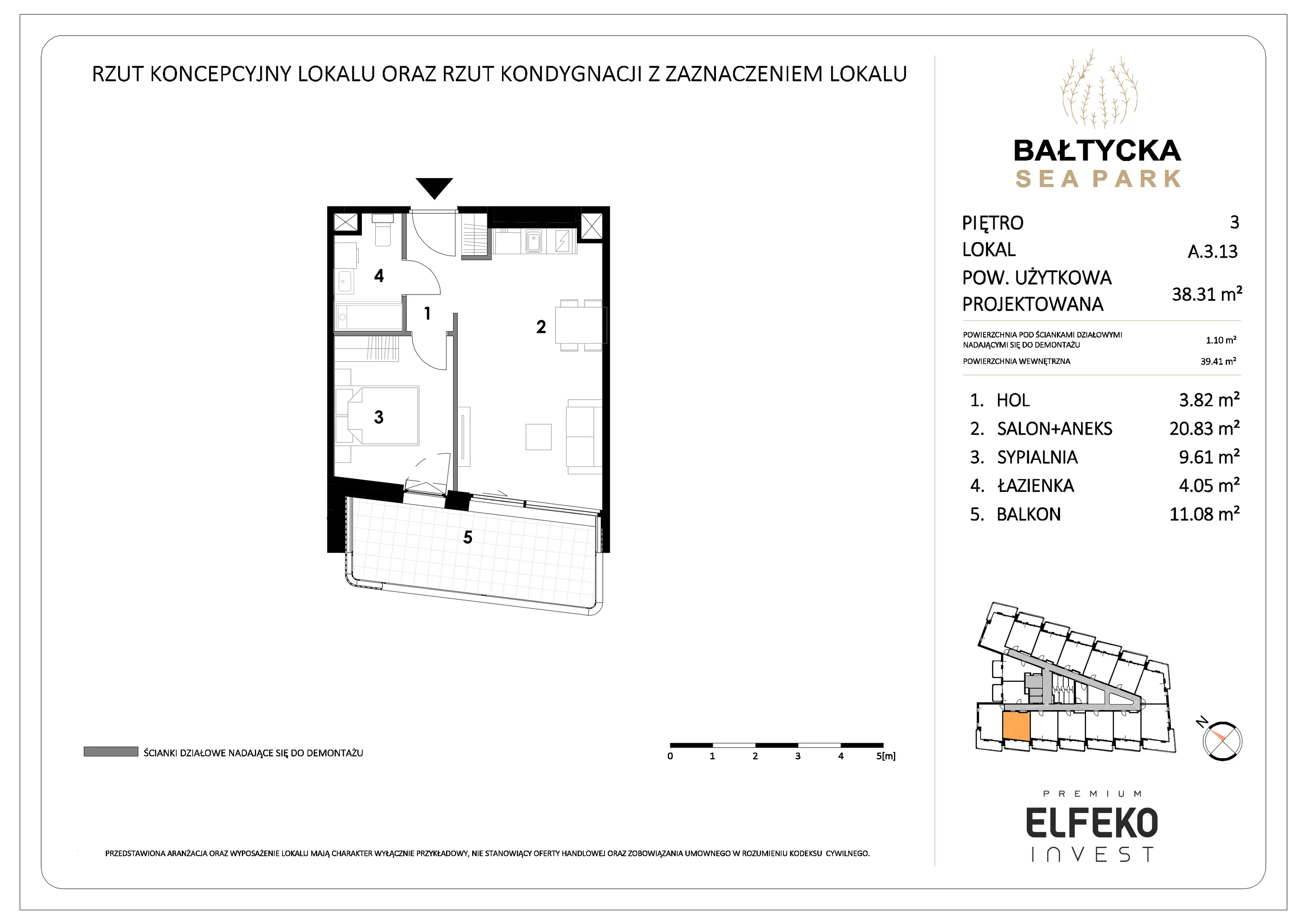 2 pokoje, mieszkanie 38,31 m², piętro 3, oferta nr A.3.13, Bałtycka Sea Park, Krynica Morska, ul. Bałtycka