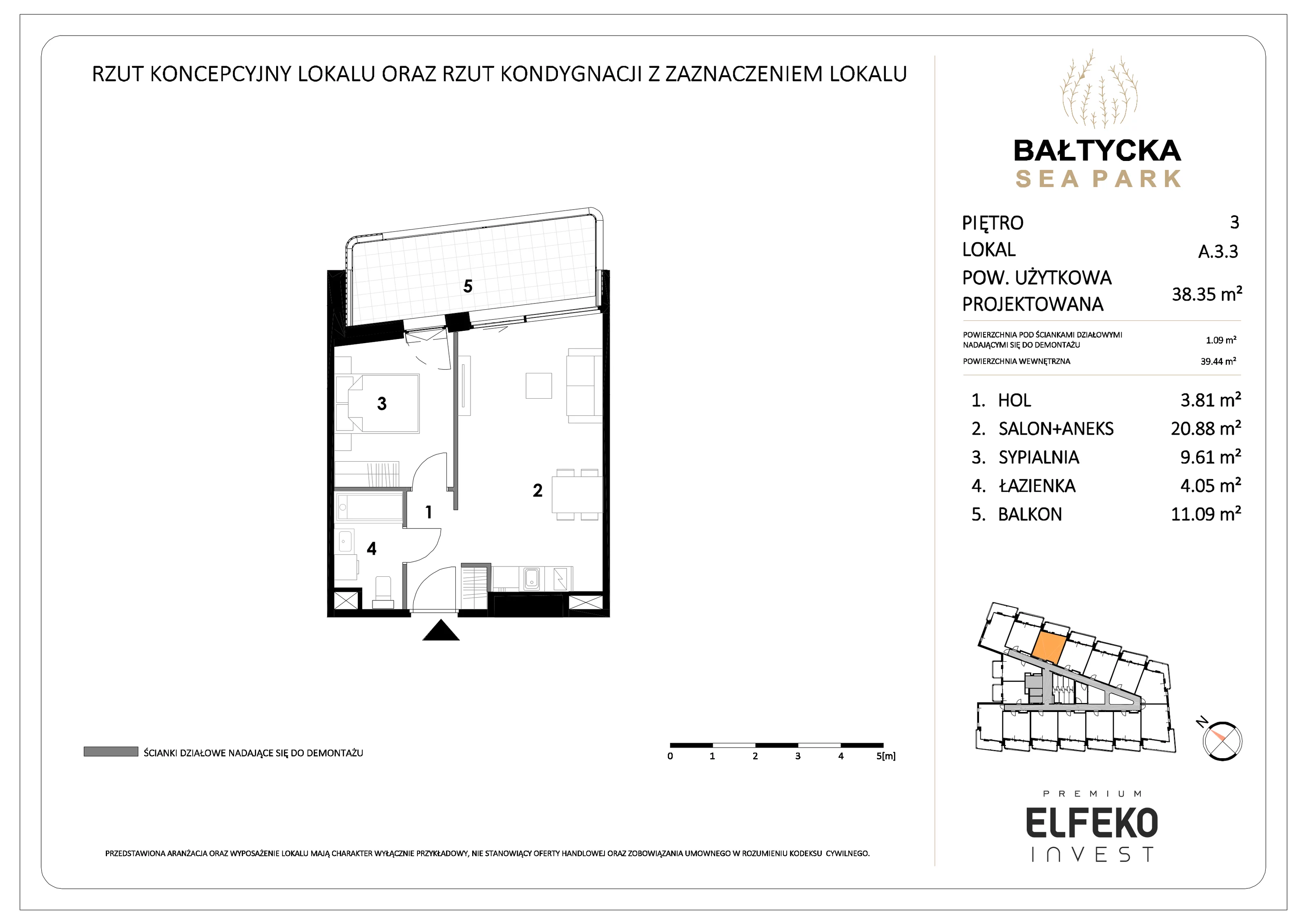 2 pokoje, mieszkanie 38,35 m², piętro 3, oferta nr A.3.3, Bałtycka Sea Park, Krynica Morska, ul. Bałtycka