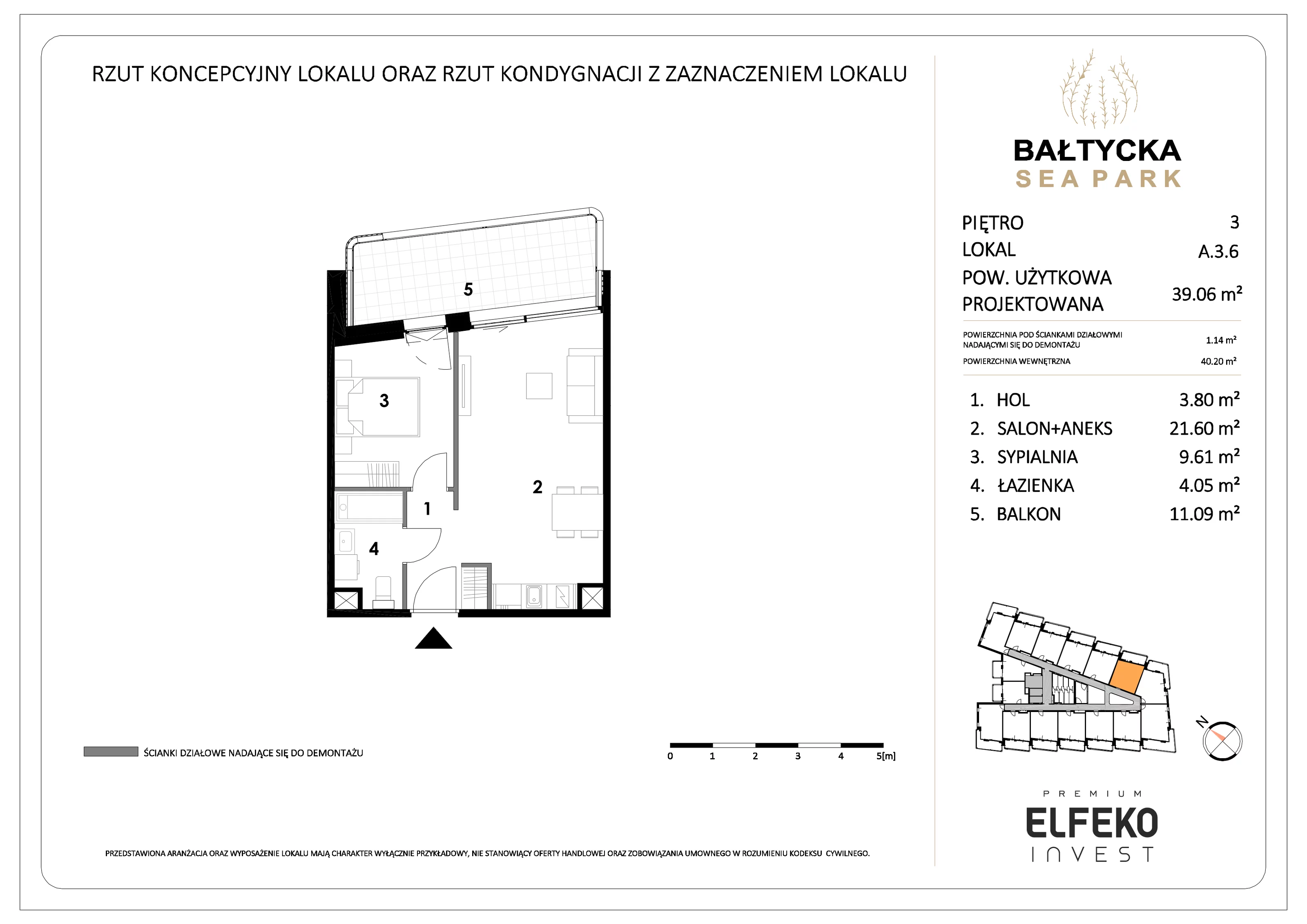 2 pokoje, mieszkanie 39,06 m², piętro 3, oferta nr A.3.6, Bałtycka Sea Park, Krynica Morska, ul. Bałtycka