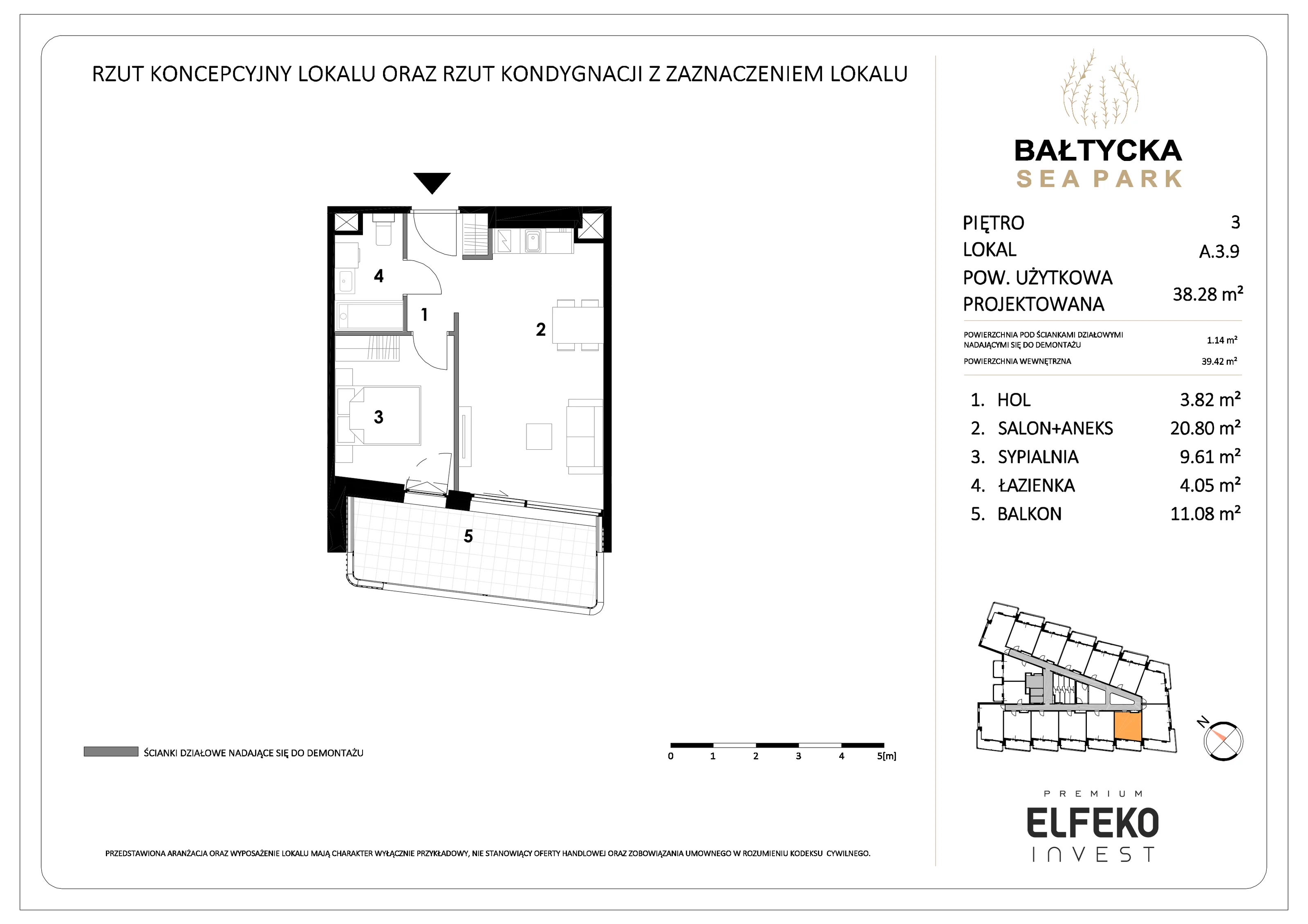 2 pokoje, mieszkanie 38,28 m², piętro 3, oferta nr A.3.9, Bałtycka Sea Park, Krynica Morska, ul. Bałtycka