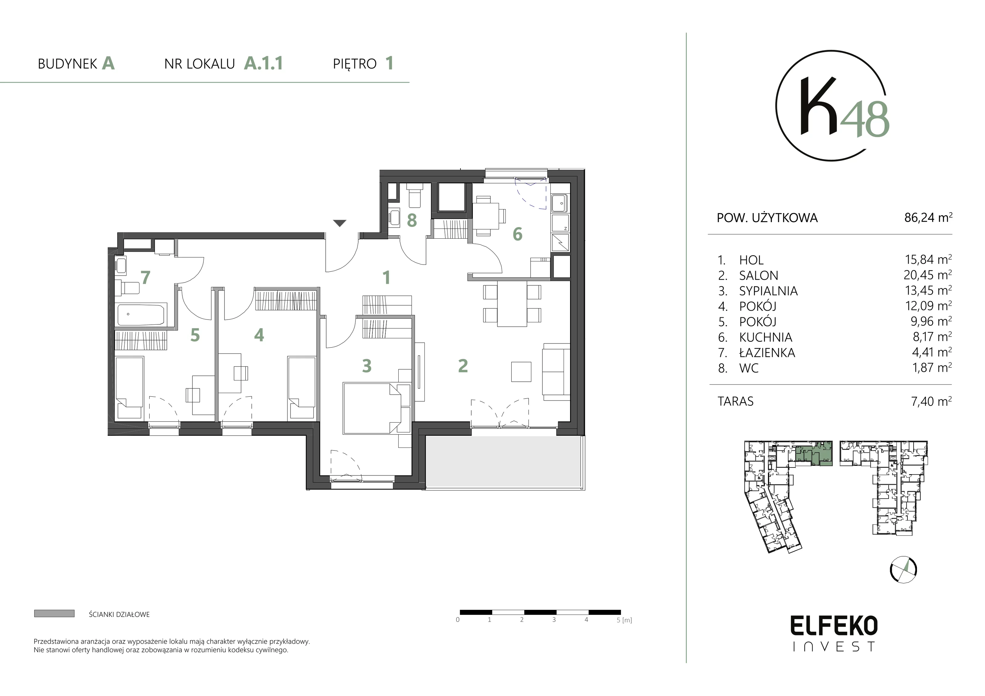 4 pokoje, mieszkanie 86,24 m², piętro 1, oferta nr A.1.1, K48, Gdańsk, Przymorze, ul. Kołobrzeska 48