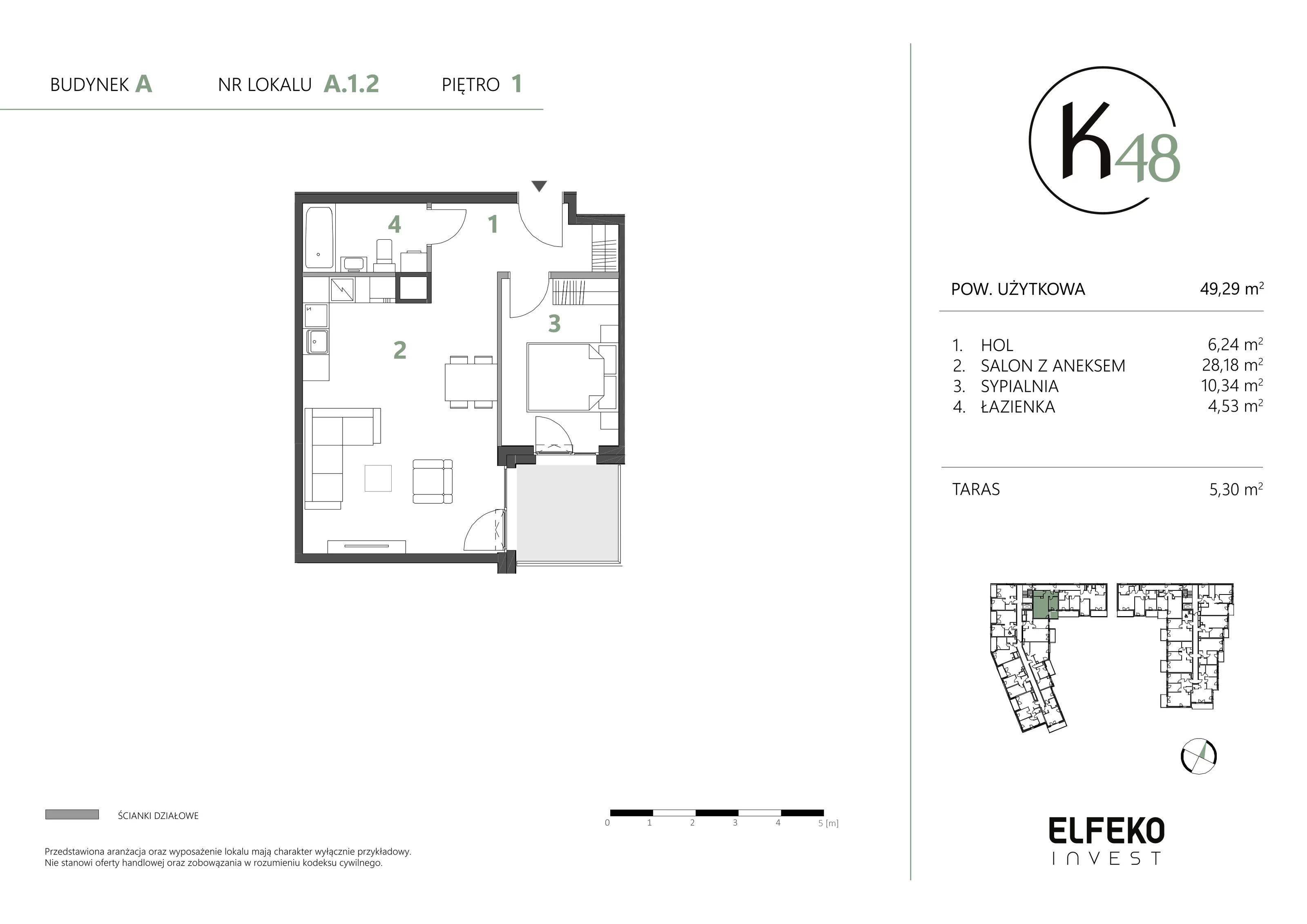 2 pokoje, mieszkanie 49,29 m², piętro 1, oferta nr A.1.2, K48, Gdańsk, Przymorze, ul. Kołobrzeska 48