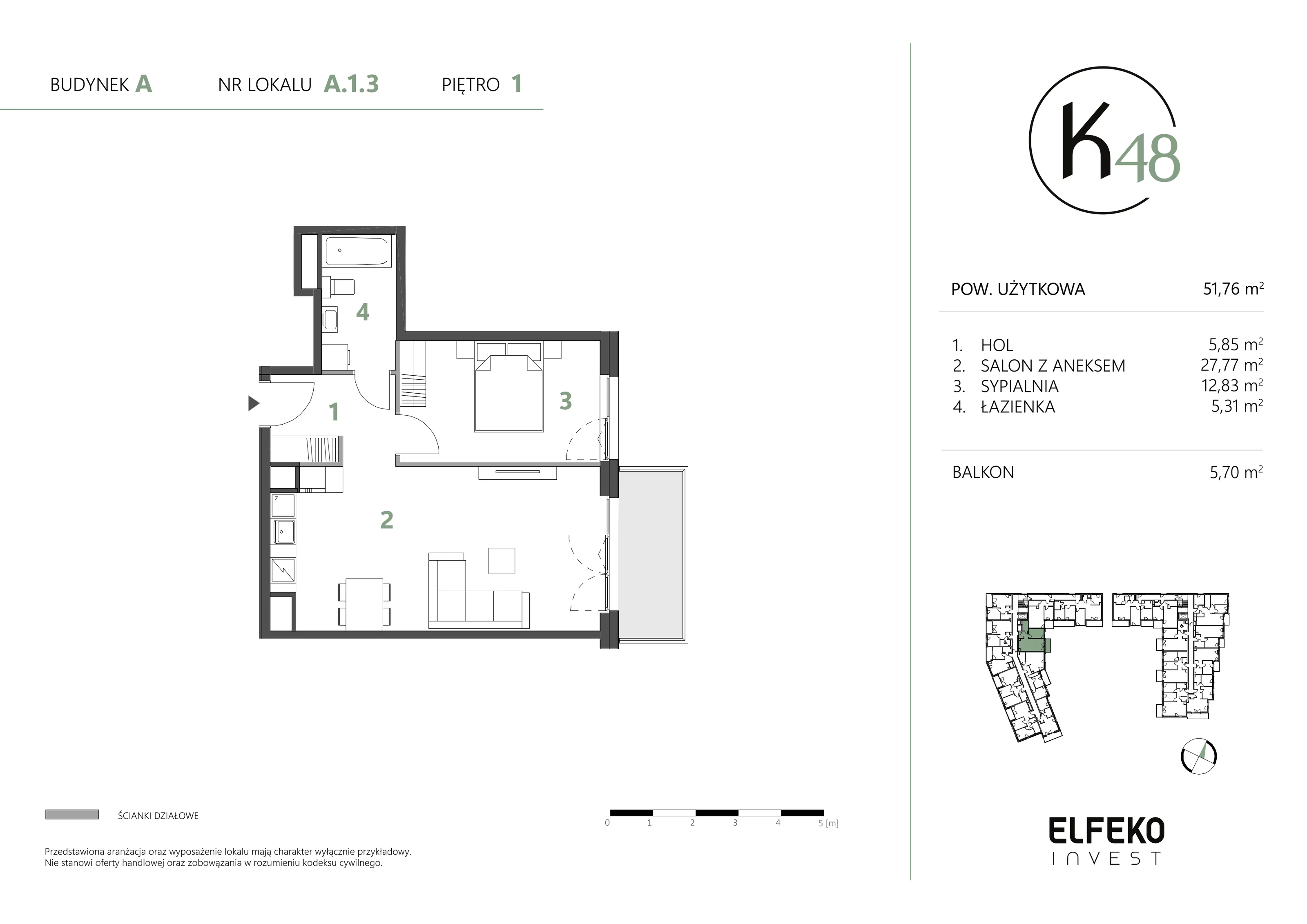 2 pokoje, mieszkanie 51,76 m², piętro 1, oferta nr A.1.3, K48, Gdańsk, Przymorze, ul. Kołobrzeska 48