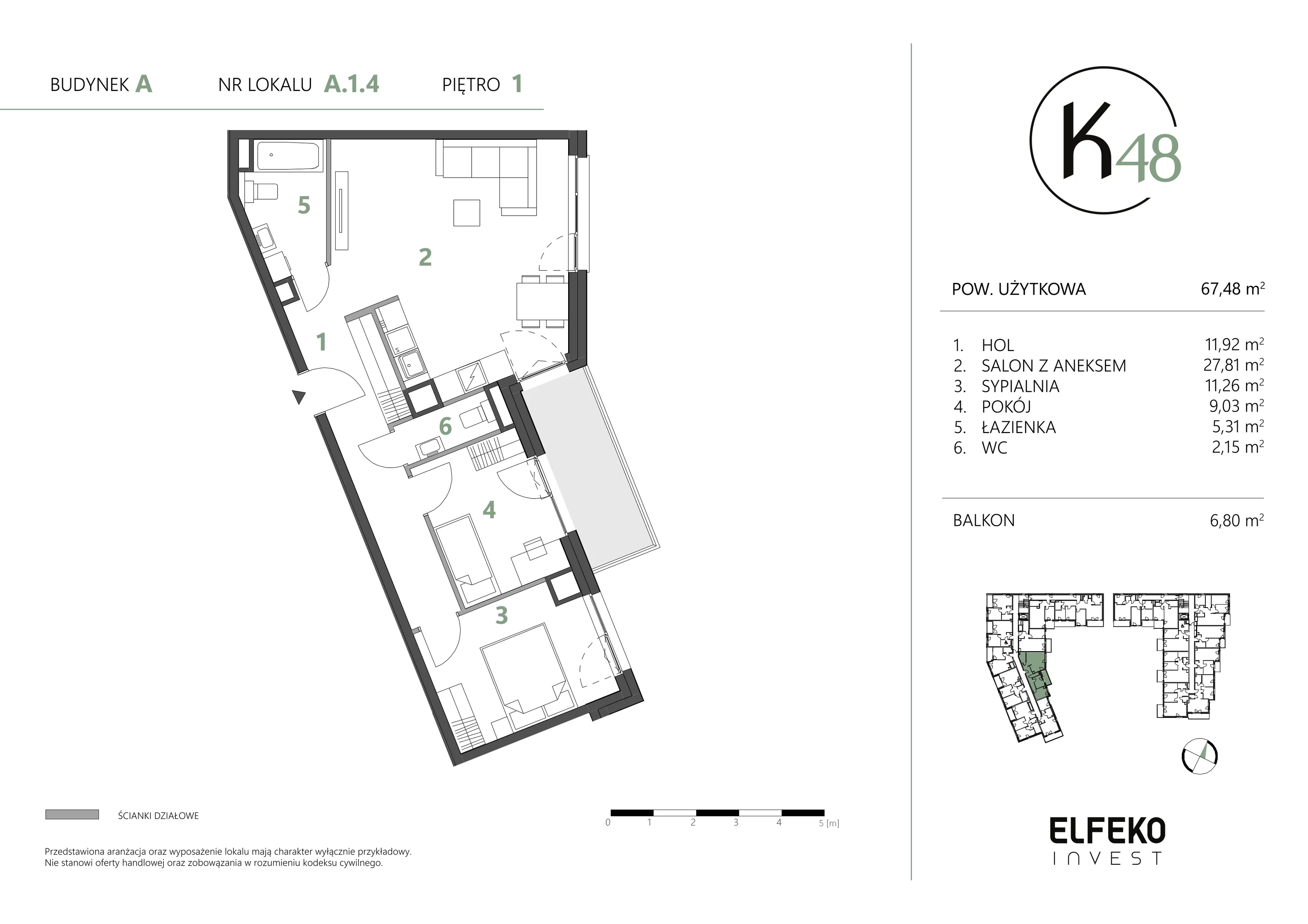 3 pokoje, mieszkanie 67,48 m², piętro 1, oferta nr A.1.4, K48, Gdańsk, Przymorze, ul. Kołobrzeska 48