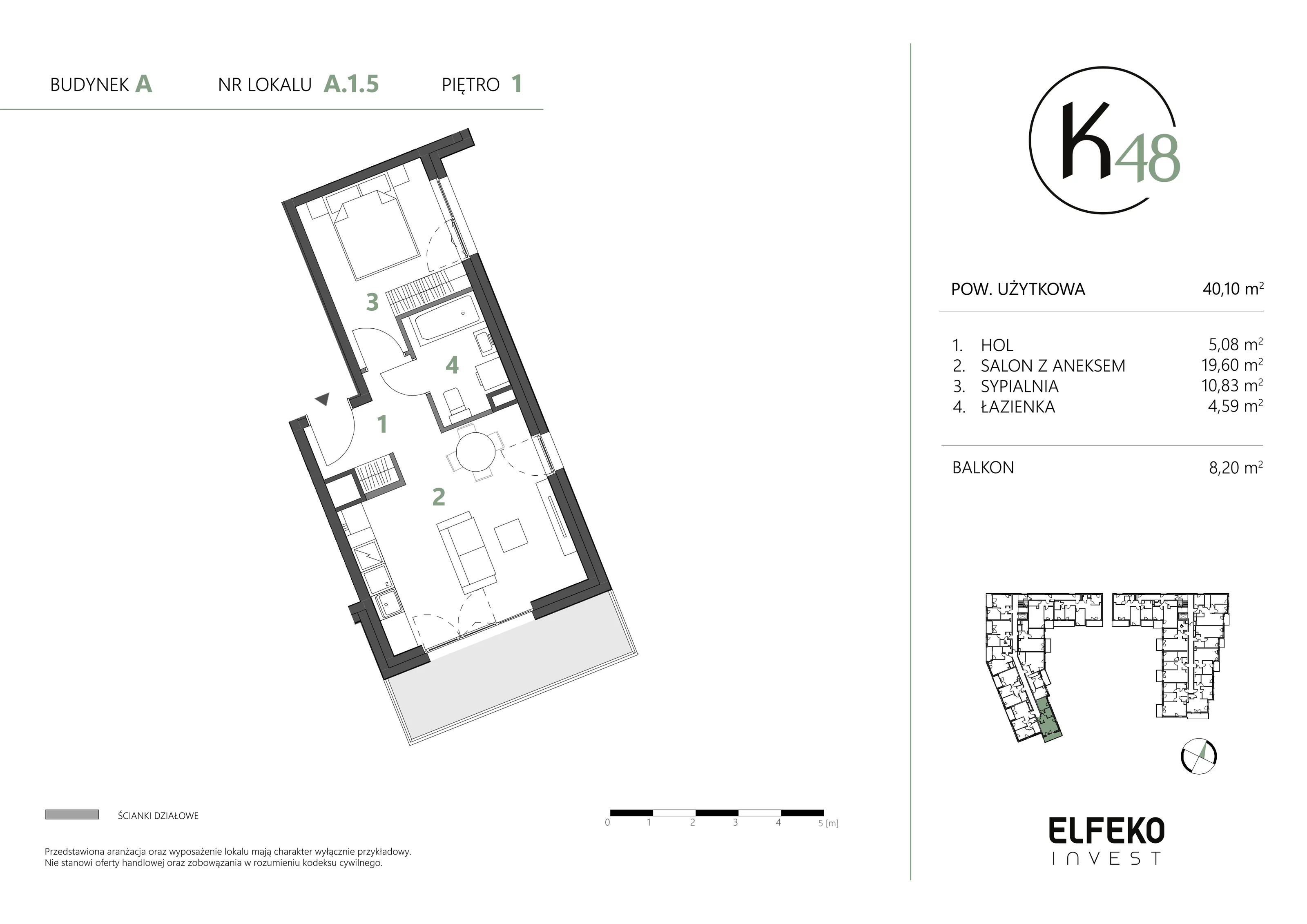 2 pokoje, mieszkanie 40,10 m², piętro 1, oferta nr A.1.5, K48, Gdańsk, Przymorze, ul. Kołobrzeska 48