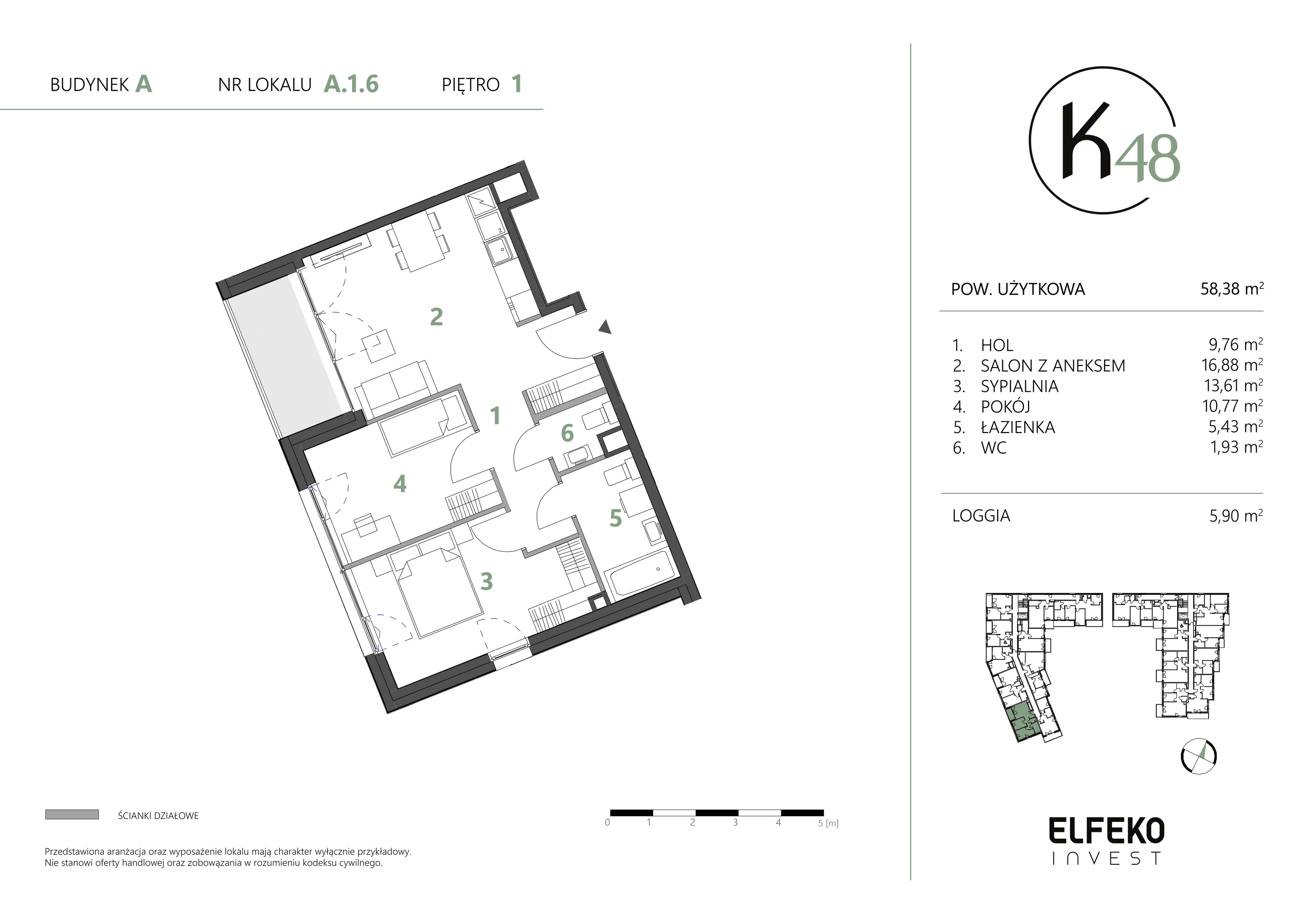 3 pokoje, mieszkanie 58,38 m², piętro 1, oferta nr A.1.6, K48, Gdańsk, Przymorze, ul. Kołobrzeska 48