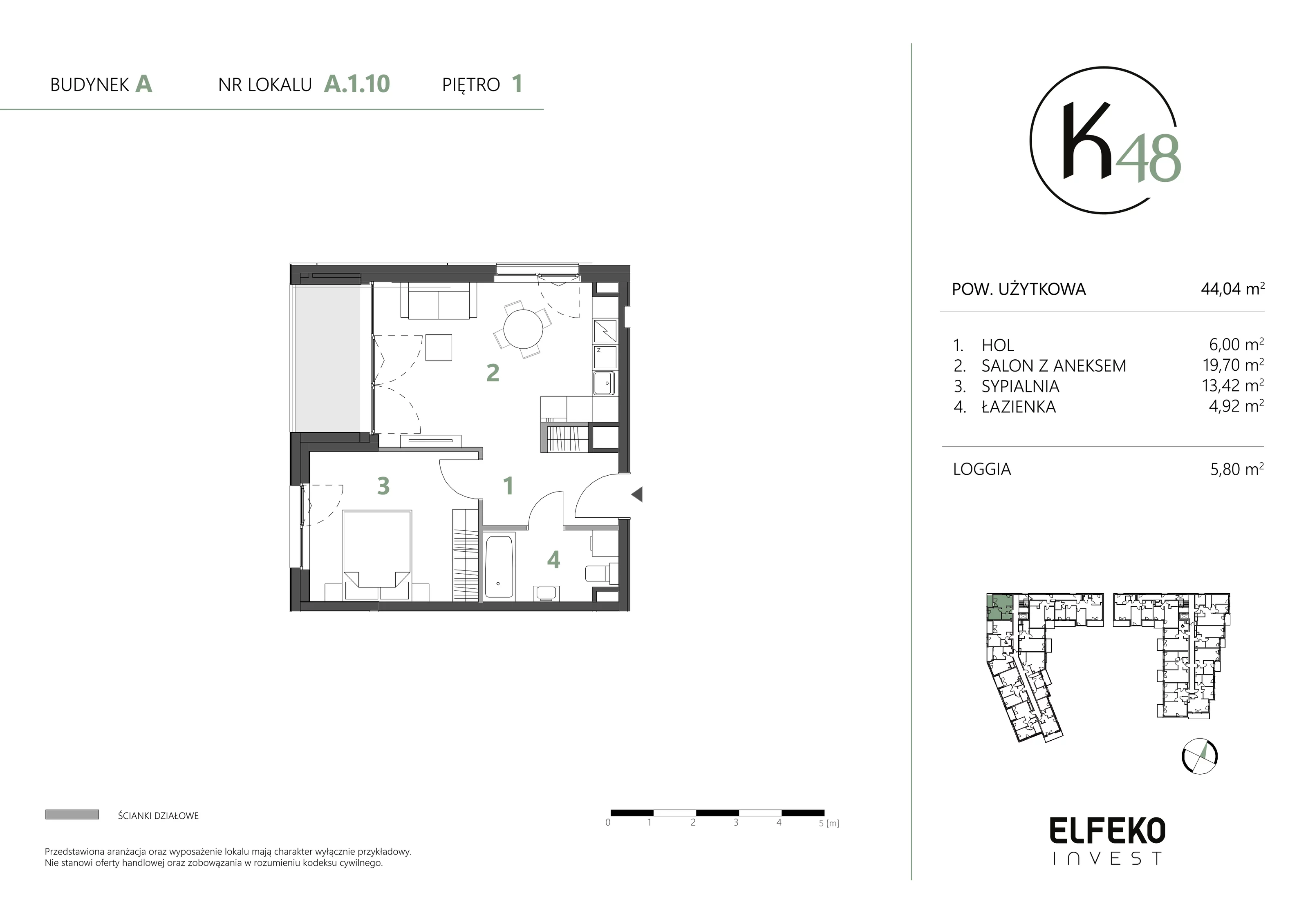2 pokoje, mieszkanie 44,04 m², piętro 1, oferta nr A.1.10, K48, Gdańsk, Przymorze, ul. Kołobrzeska 48