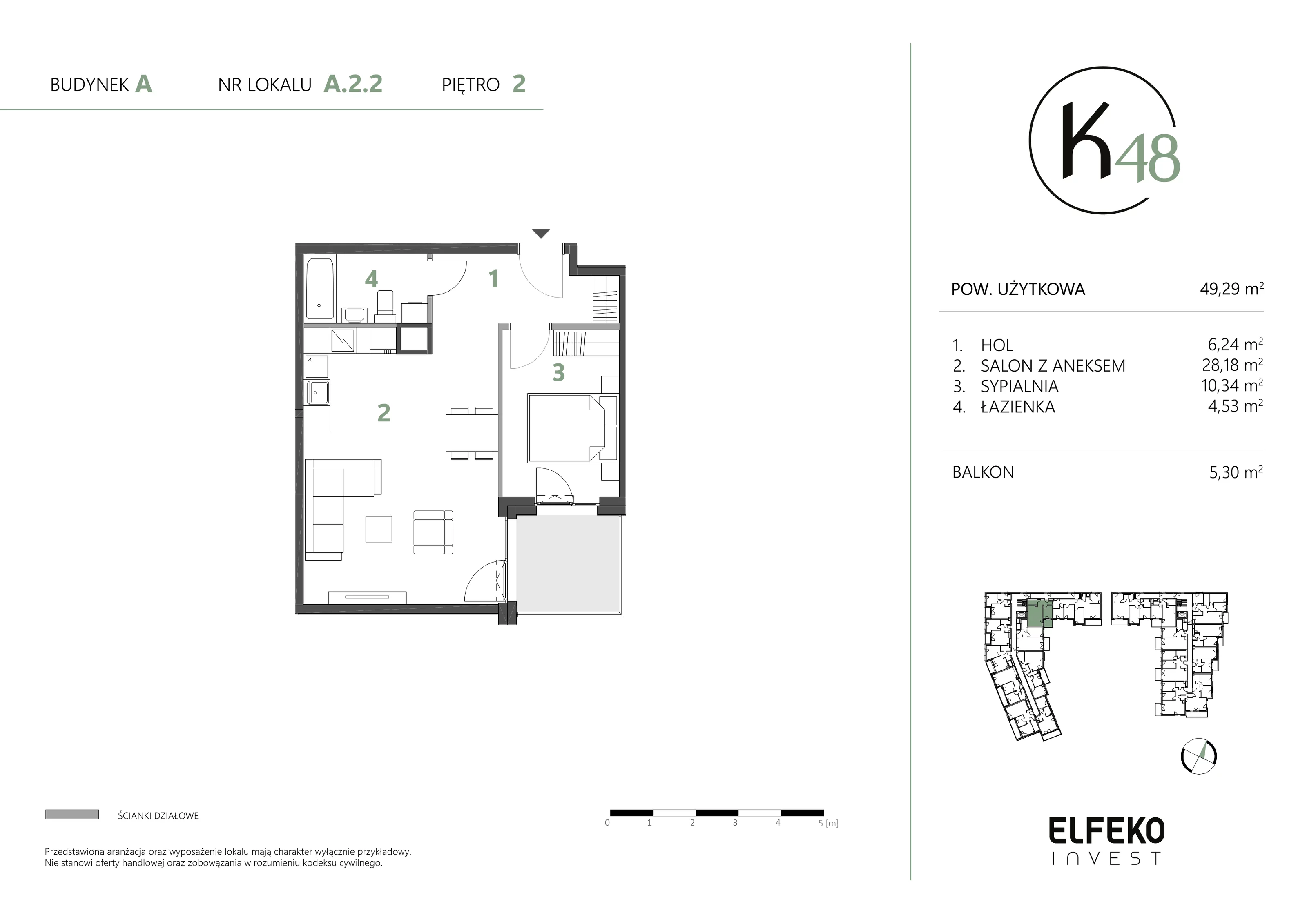 2 pokoje, mieszkanie 49,29 m², piętro 2, oferta nr A.2.2, K48, Gdańsk, Przymorze, ul. Kołobrzeska 48