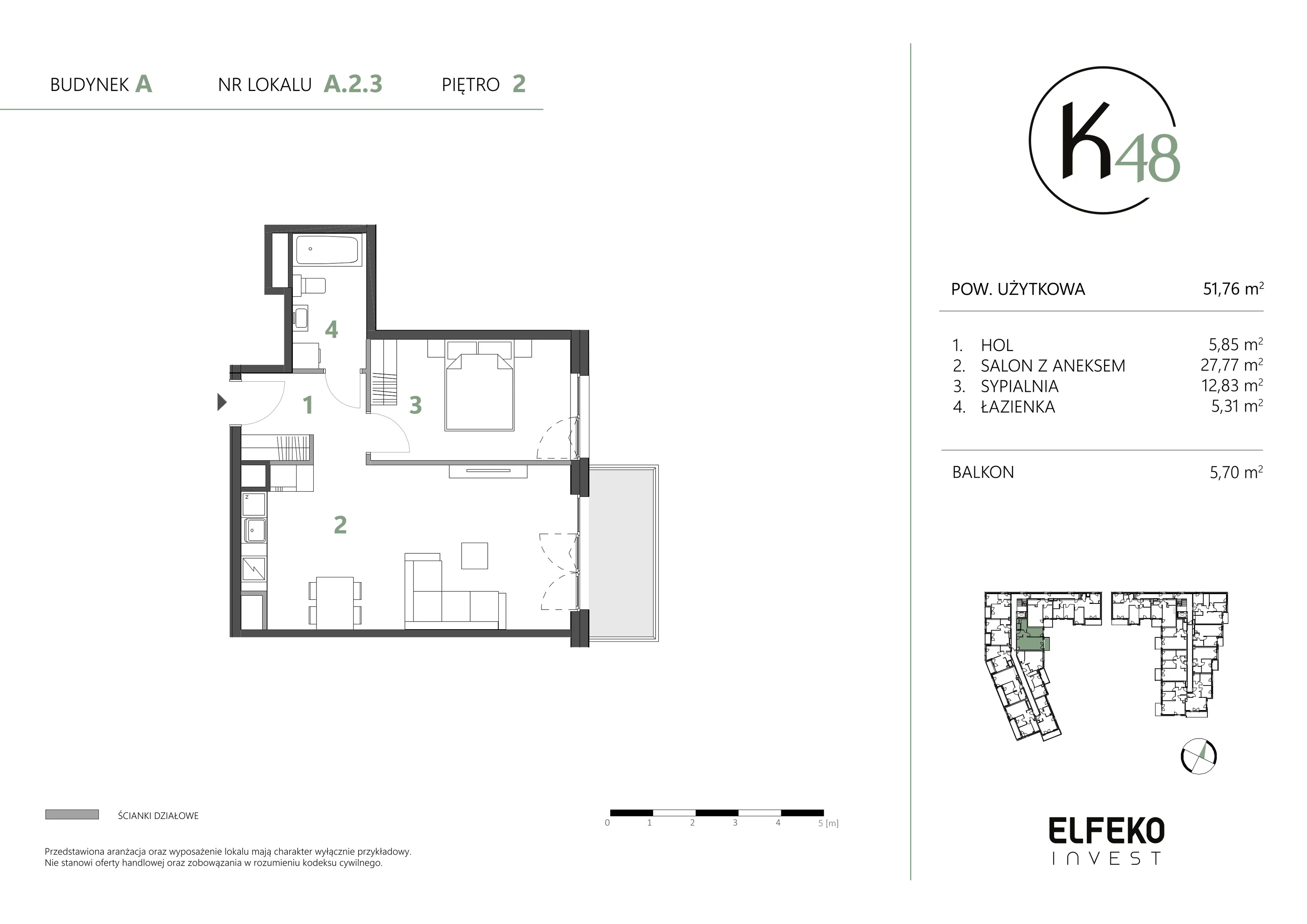 2 pokoje, mieszkanie 51,76 m², piętro 2, oferta nr A.2.3, K48, Gdańsk, Przymorze, ul. Kołobrzeska 48