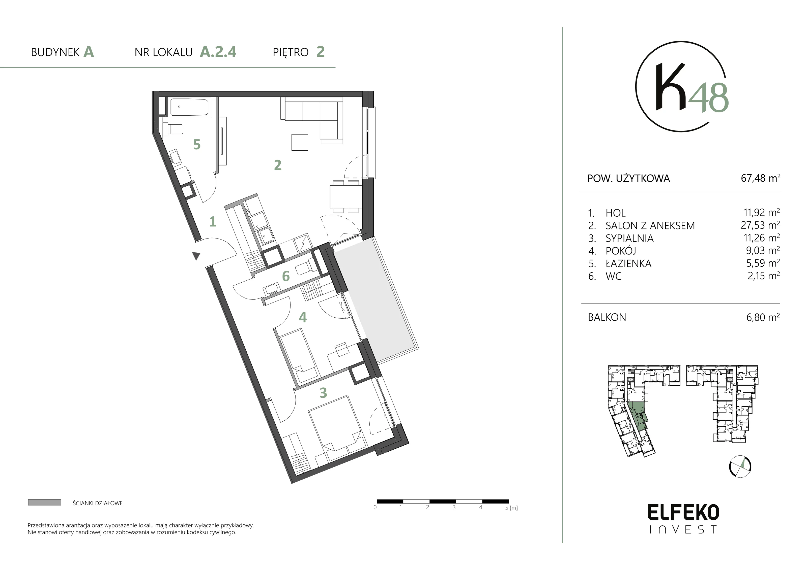 3 pokoje, mieszkanie 67,48 m², piętro 2, oferta nr A.2.4, K48, Gdańsk, Przymorze, ul. Kołobrzeska 48