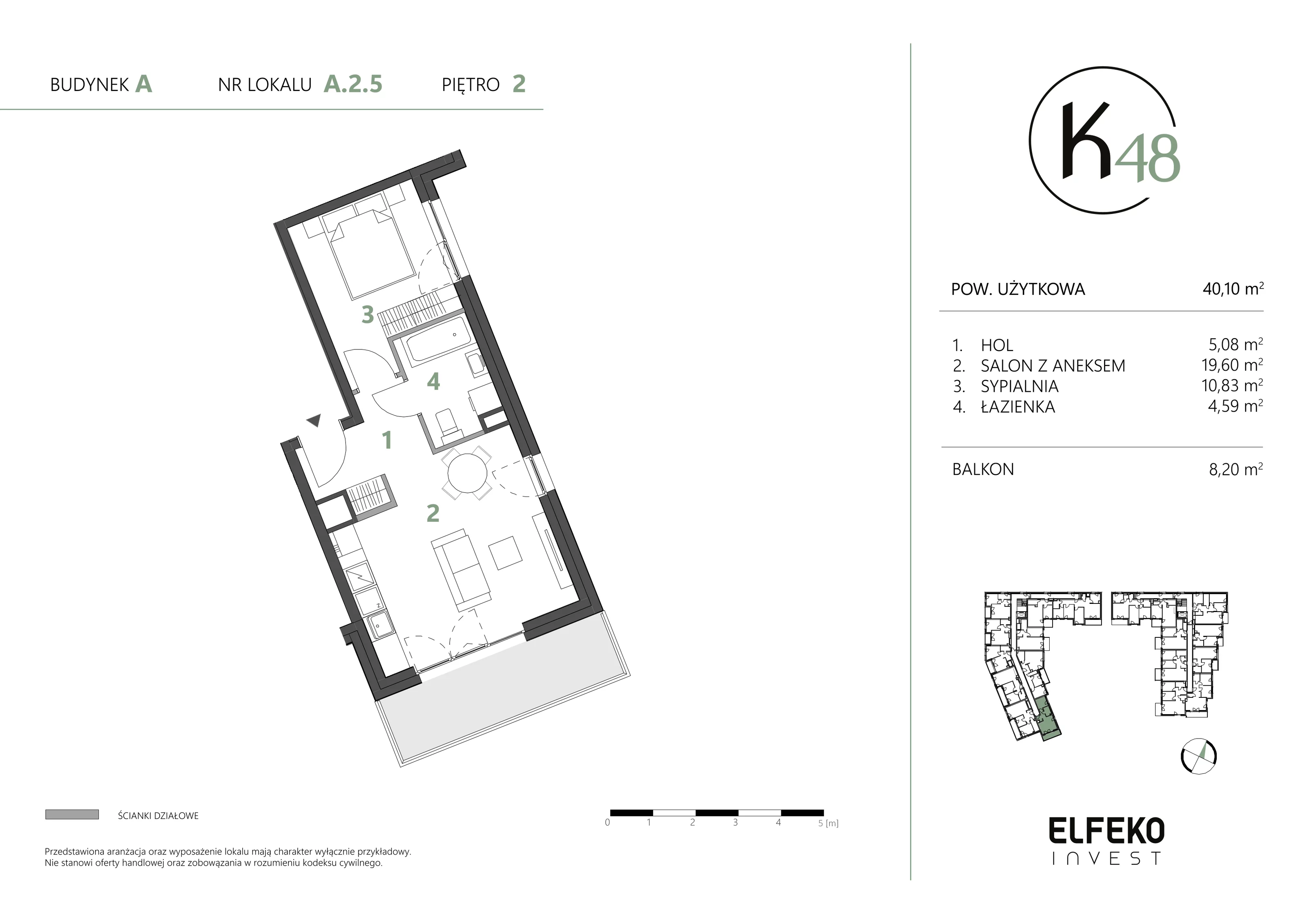2 pokoje, mieszkanie 40,10 m², piętro 2, oferta nr A.2.5, K48, Gdańsk, Przymorze, ul. Kołobrzeska 48