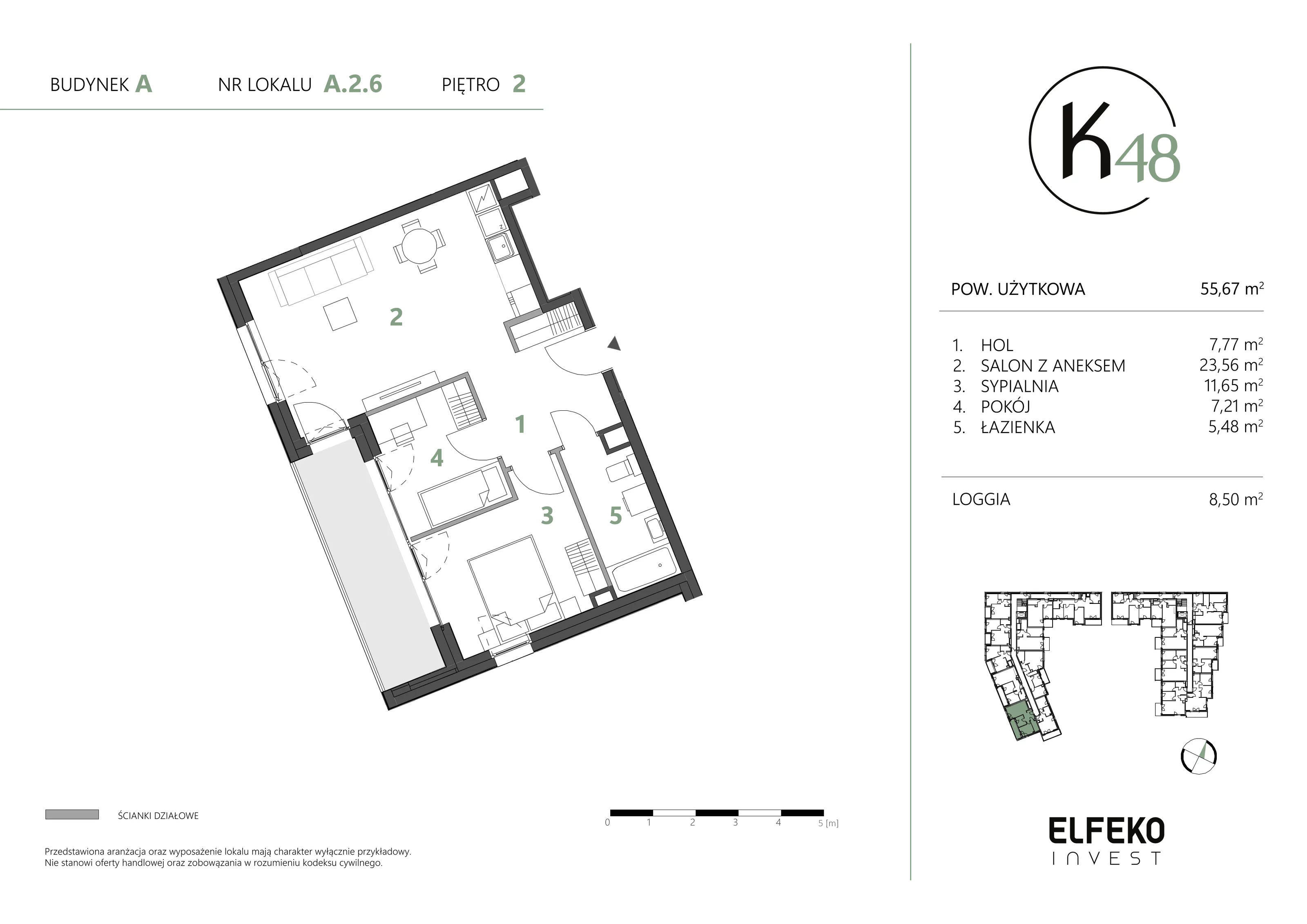 3 pokoje, mieszkanie 55,67 m², piętro 2, oferta nr A.2.6, K48, Gdańsk, Przymorze, ul. Kołobrzeska 48