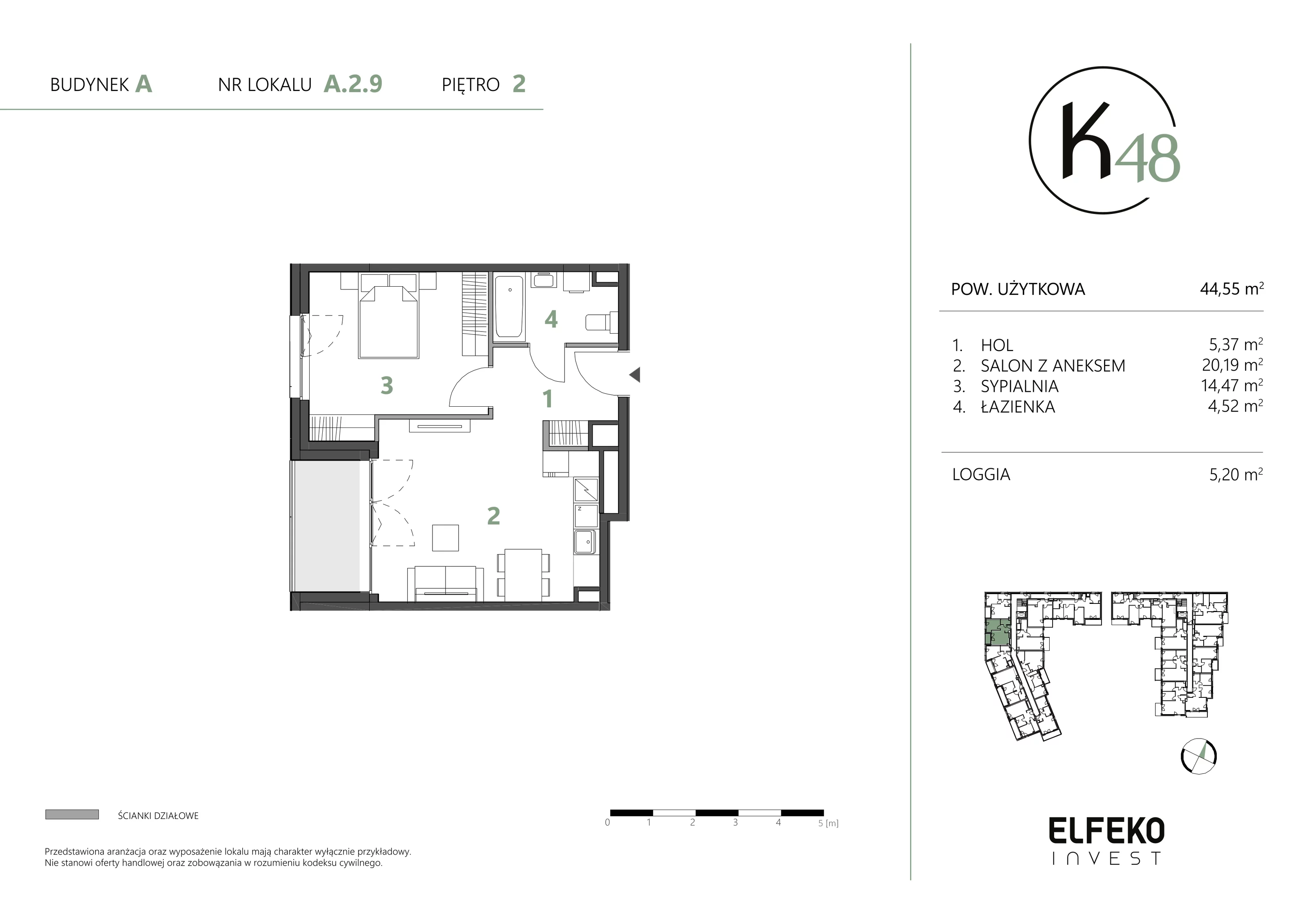 2 pokoje, mieszkanie 44,55 m², piętro 2, oferta nr A.2.9, K48, Gdańsk, Przymorze, ul. Kołobrzeska 48