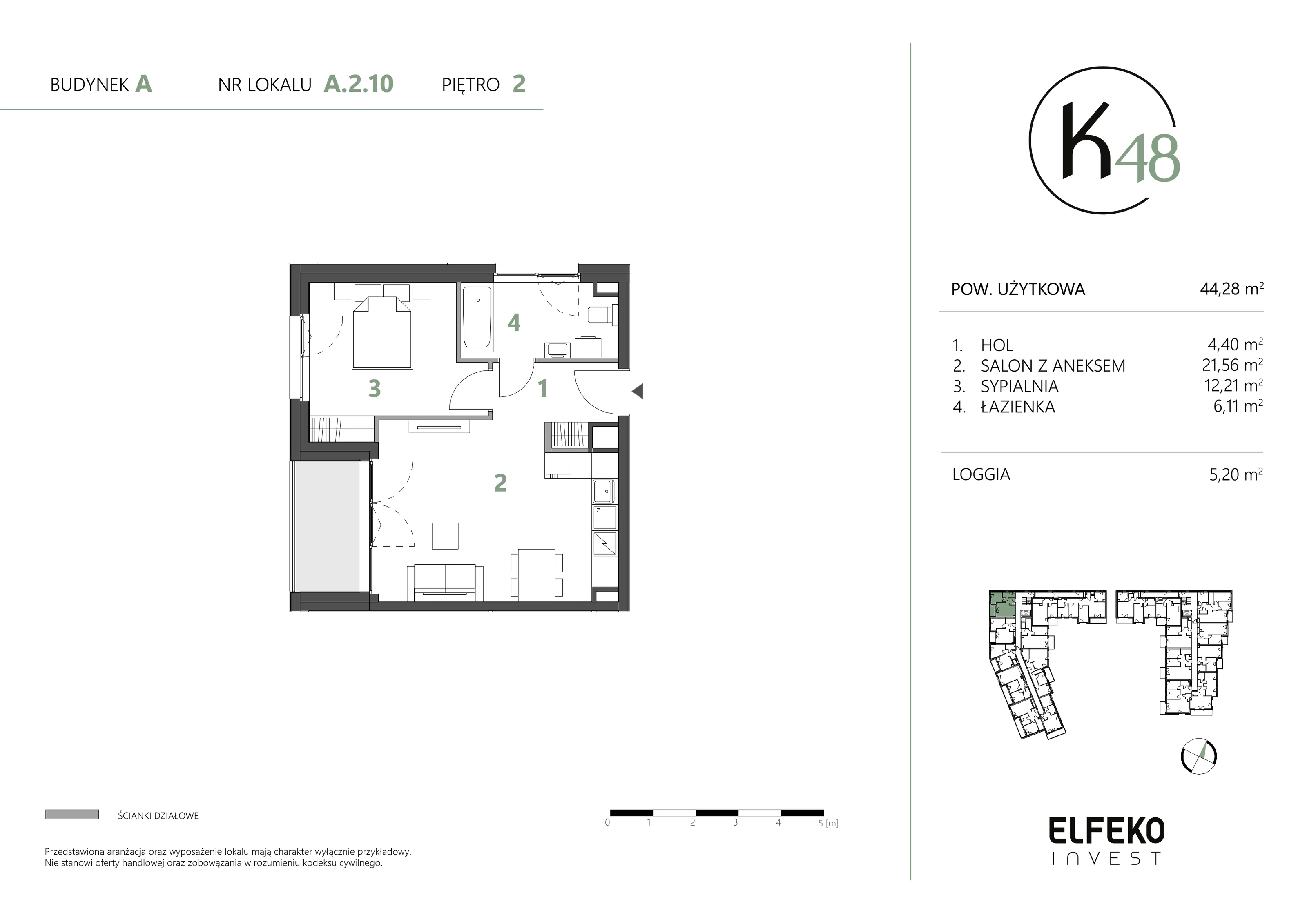 2 pokoje, mieszkanie 44,28 m², piętro 2, oferta nr A.2.10, K48, Gdańsk, Przymorze, ul. Kołobrzeska 48