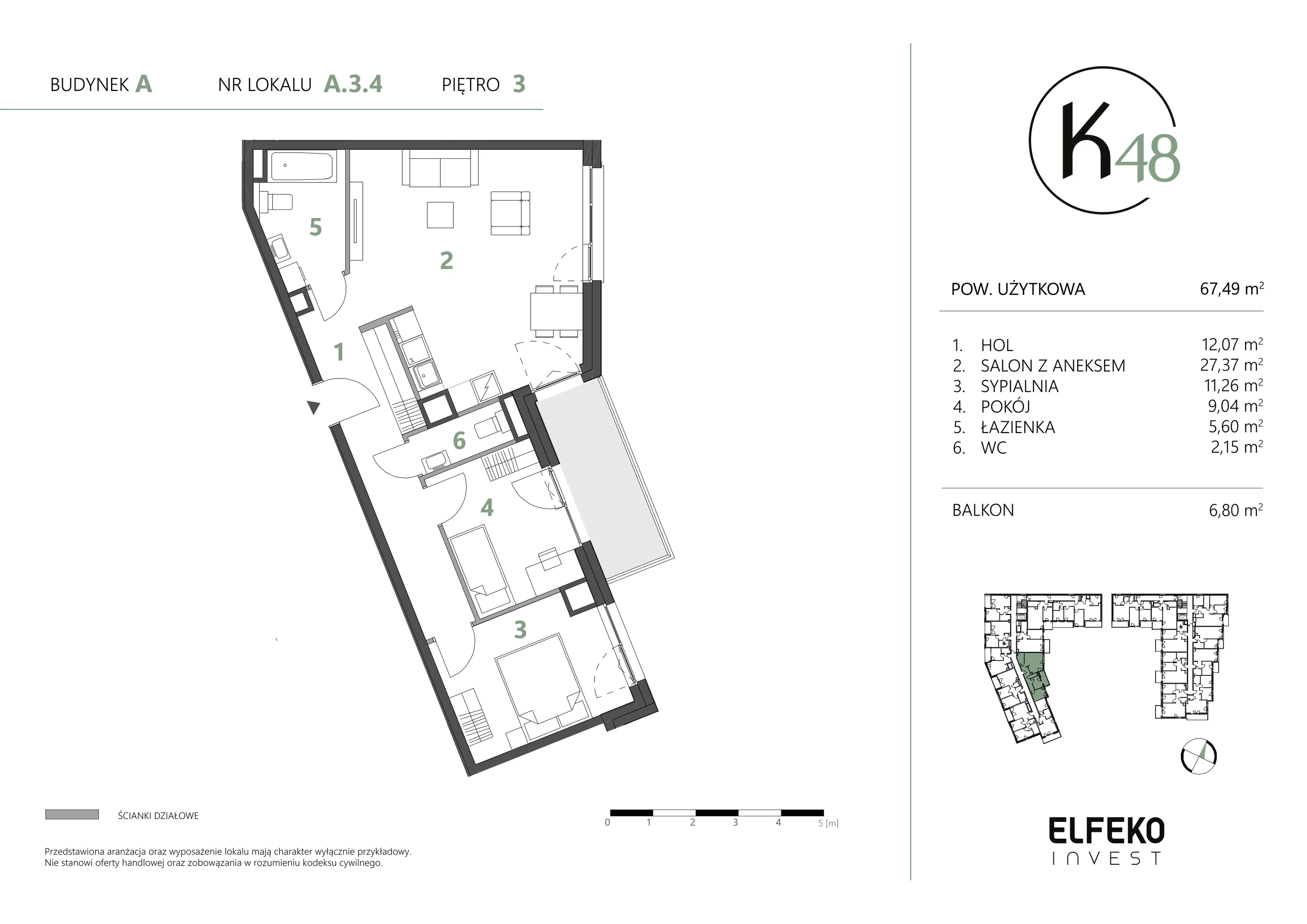 3 pokoje, mieszkanie 67,49 m², piętro 3, oferta nr A.3.4, K48, Gdańsk, Przymorze, ul. Kołobrzeska 48