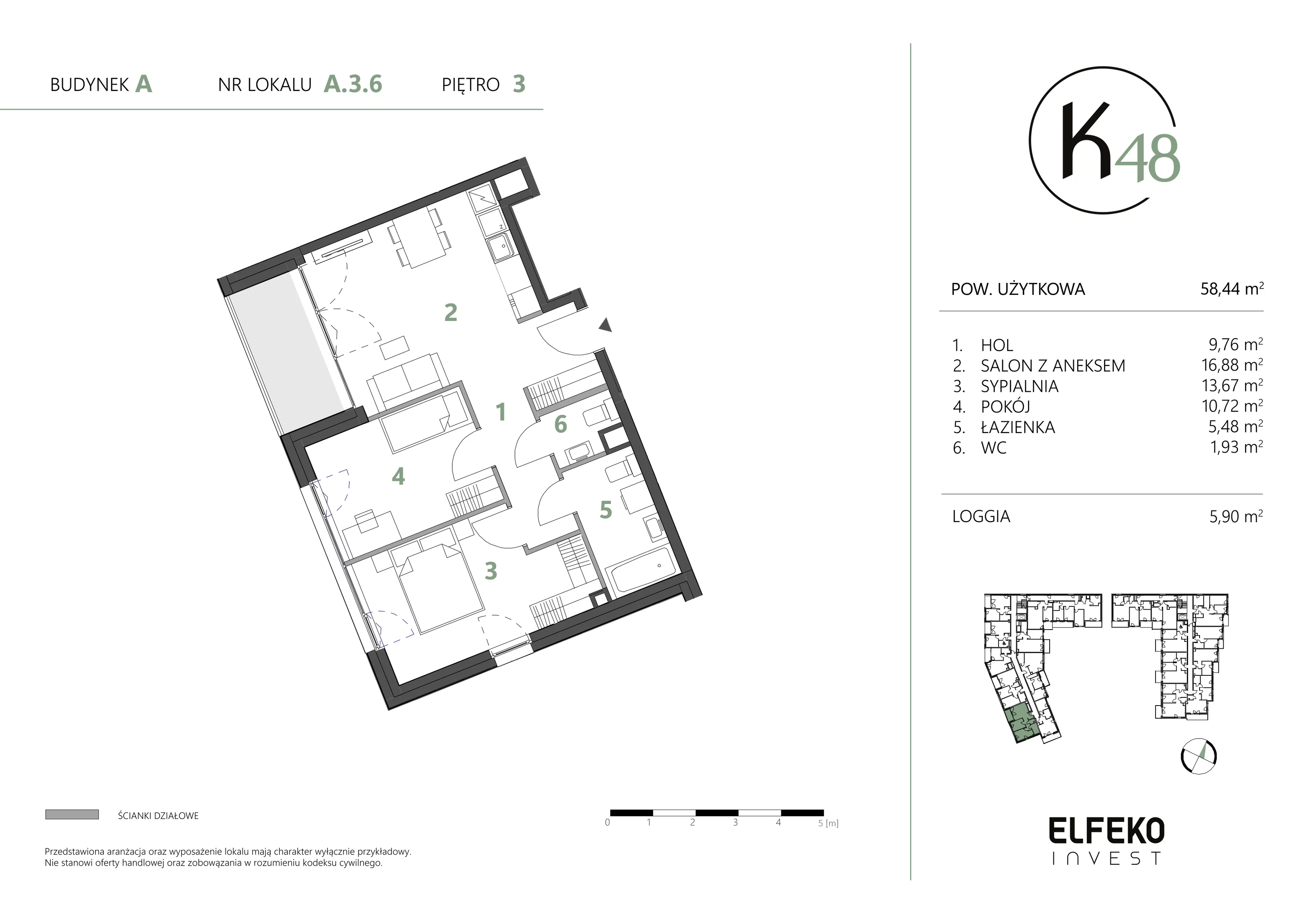 3 pokoje, mieszkanie 58,44 m², piętro 3, oferta nr A.3.6, K48, Gdańsk, Przymorze, ul. Kołobrzeska 48