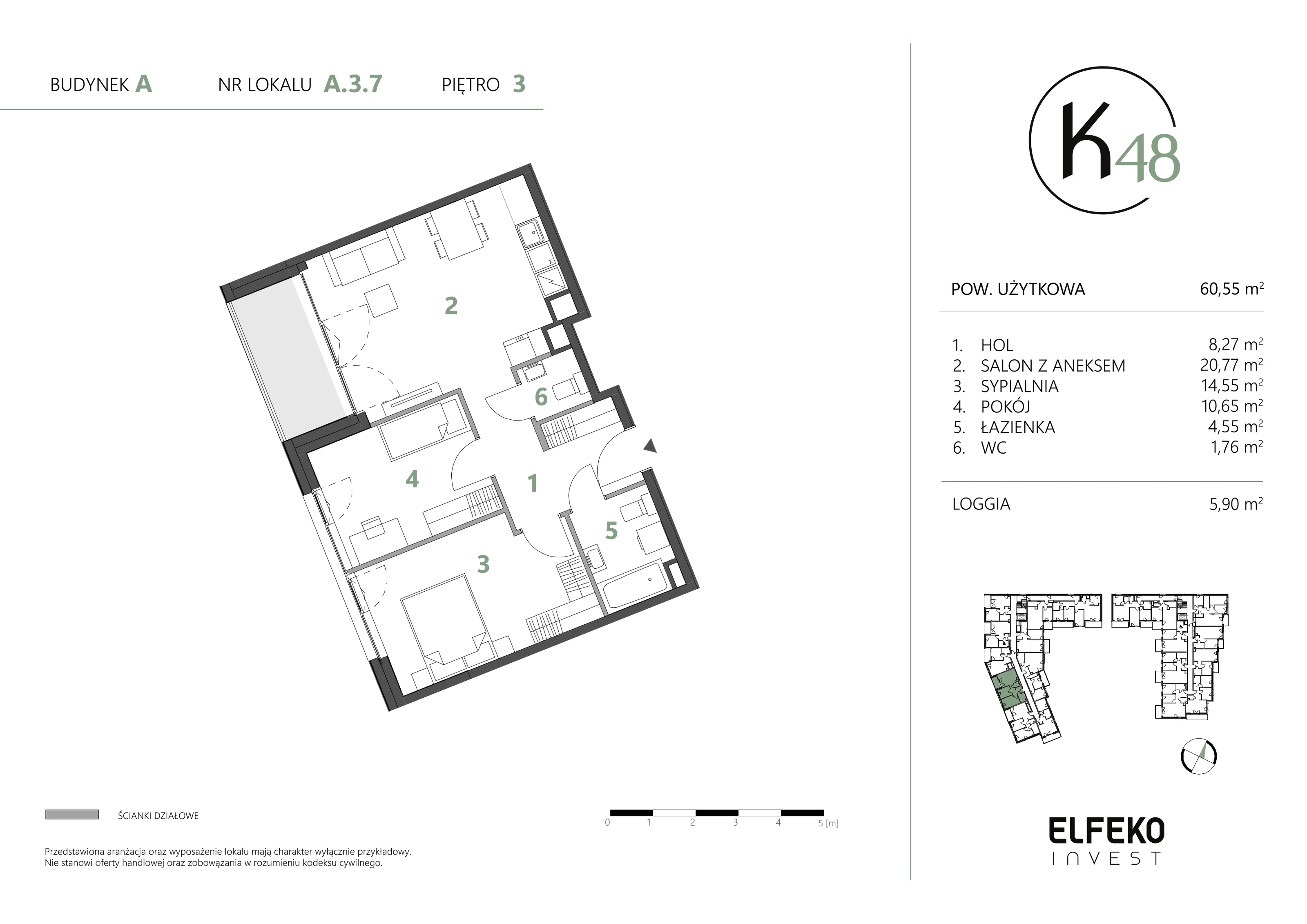 3 pokoje, mieszkanie 60,55 m², piętro 3, oferta nr A.3.7, K48, Gdańsk, Przymorze, ul. Kołobrzeska 48