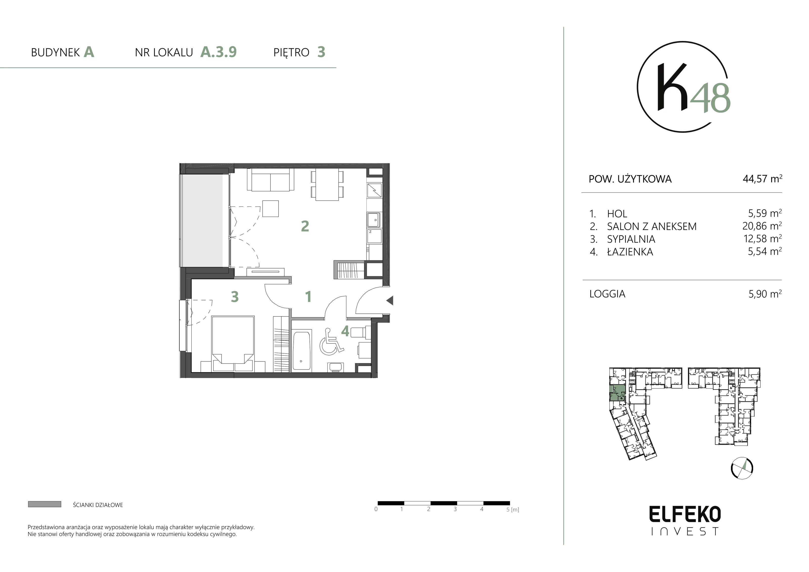 2 pokoje, mieszkanie 44,57 m², piętro 3, oferta nr A.3.9, K48, Gdańsk, Przymorze, ul. Kołobrzeska 48