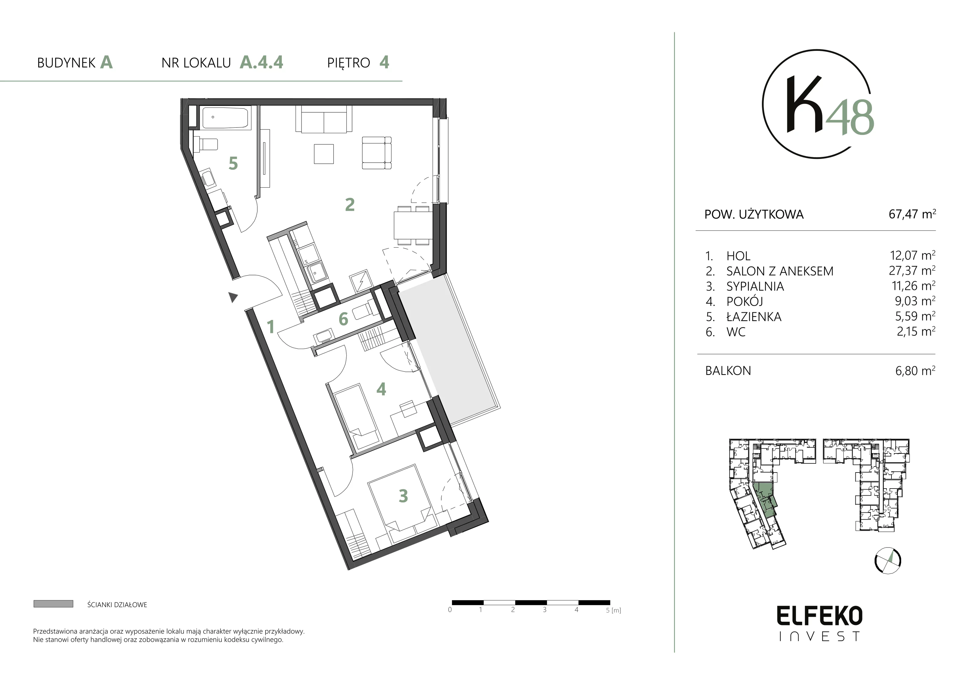 3 pokoje, mieszkanie 67,47 m², piętro 4, oferta nr A.4.4, K48, Gdańsk, Przymorze, ul. Kołobrzeska 48