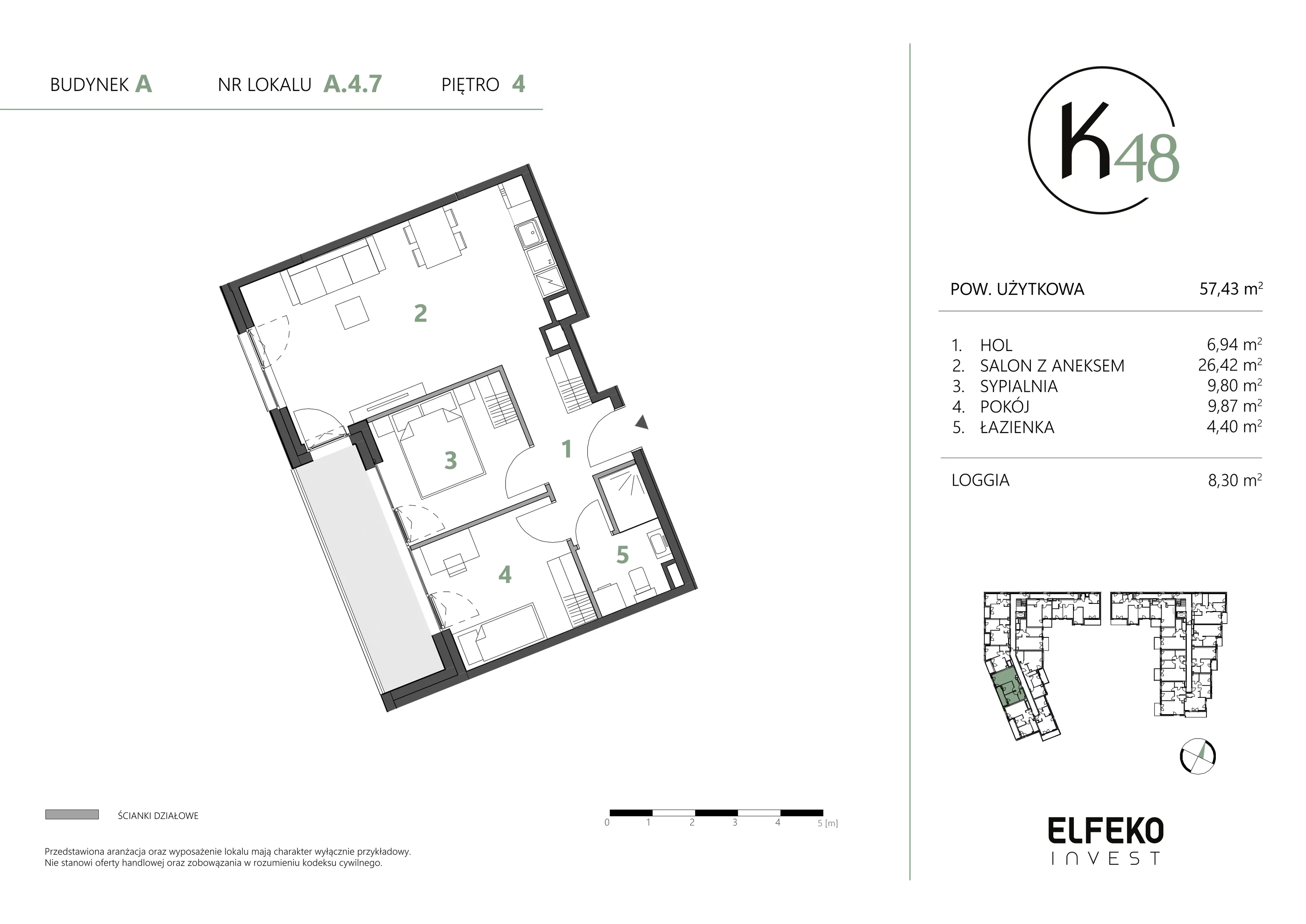 3 pokoje, mieszkanie 57,43 m², piętro 4, oferta nr A.4.7, K48, Gdańsk, Przymorze, ul. Kołobrzeska 48