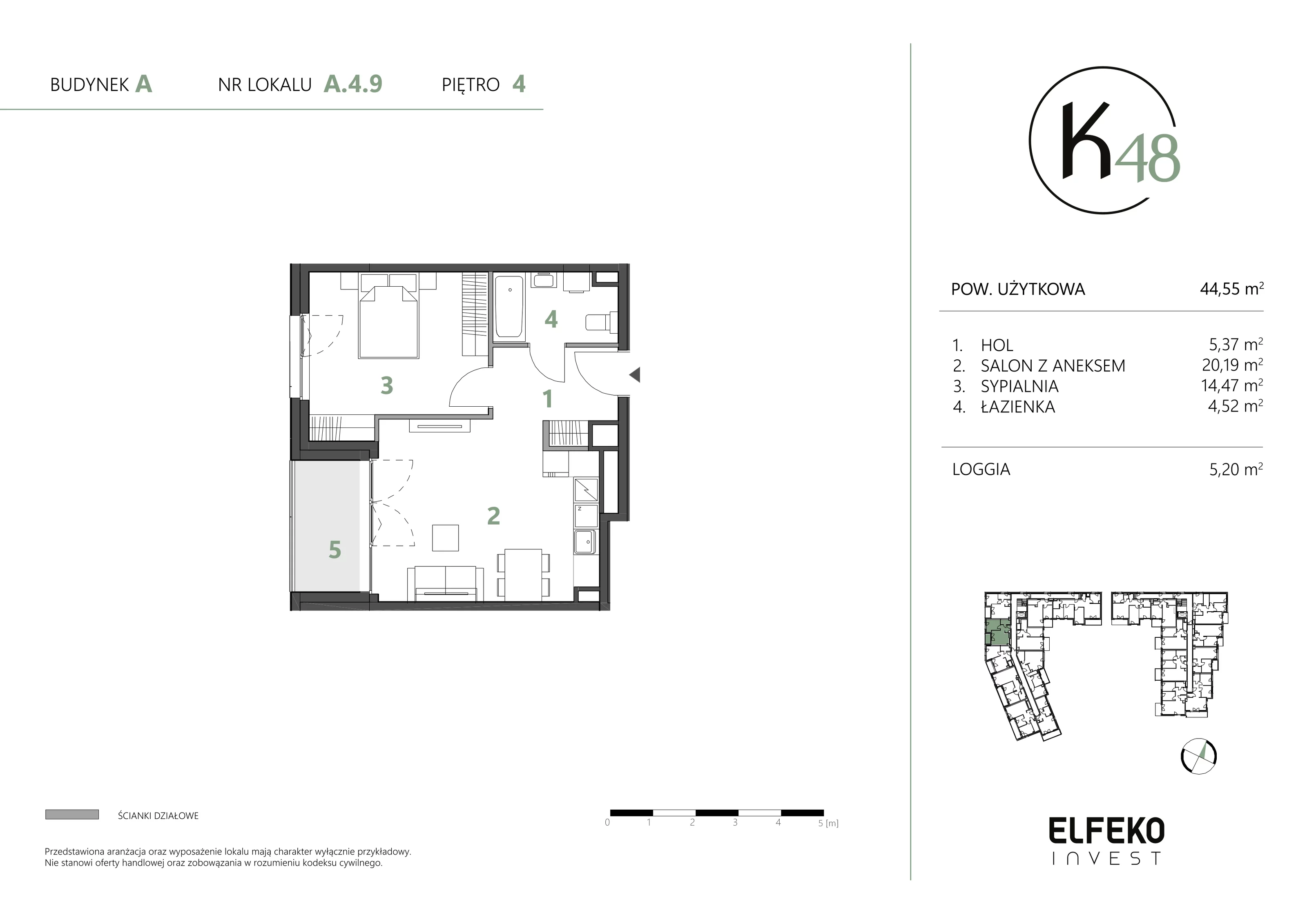 2 pokoje, mieszkanie 44,55 m², piętro 4, oferta nr A.4.9, K48, Gdańsk, Przymorze, ul. Kołobrzeska 48
