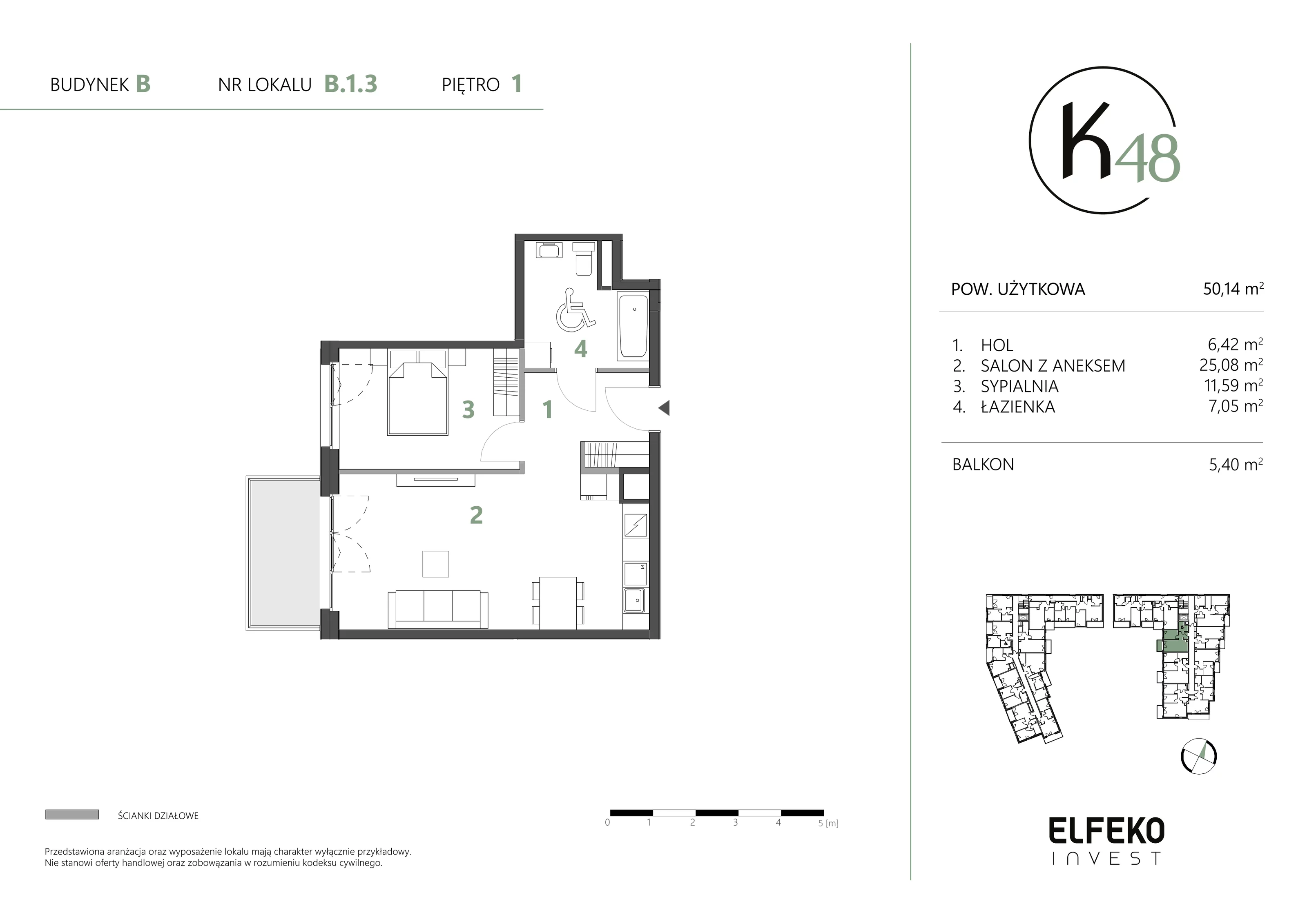 2 pokoje, mieszkanie 50,14 m², piętro 1, oferta nr B.1.3, K48, Gdańsk, Przymorze, ul. Kołobrzeska 48
