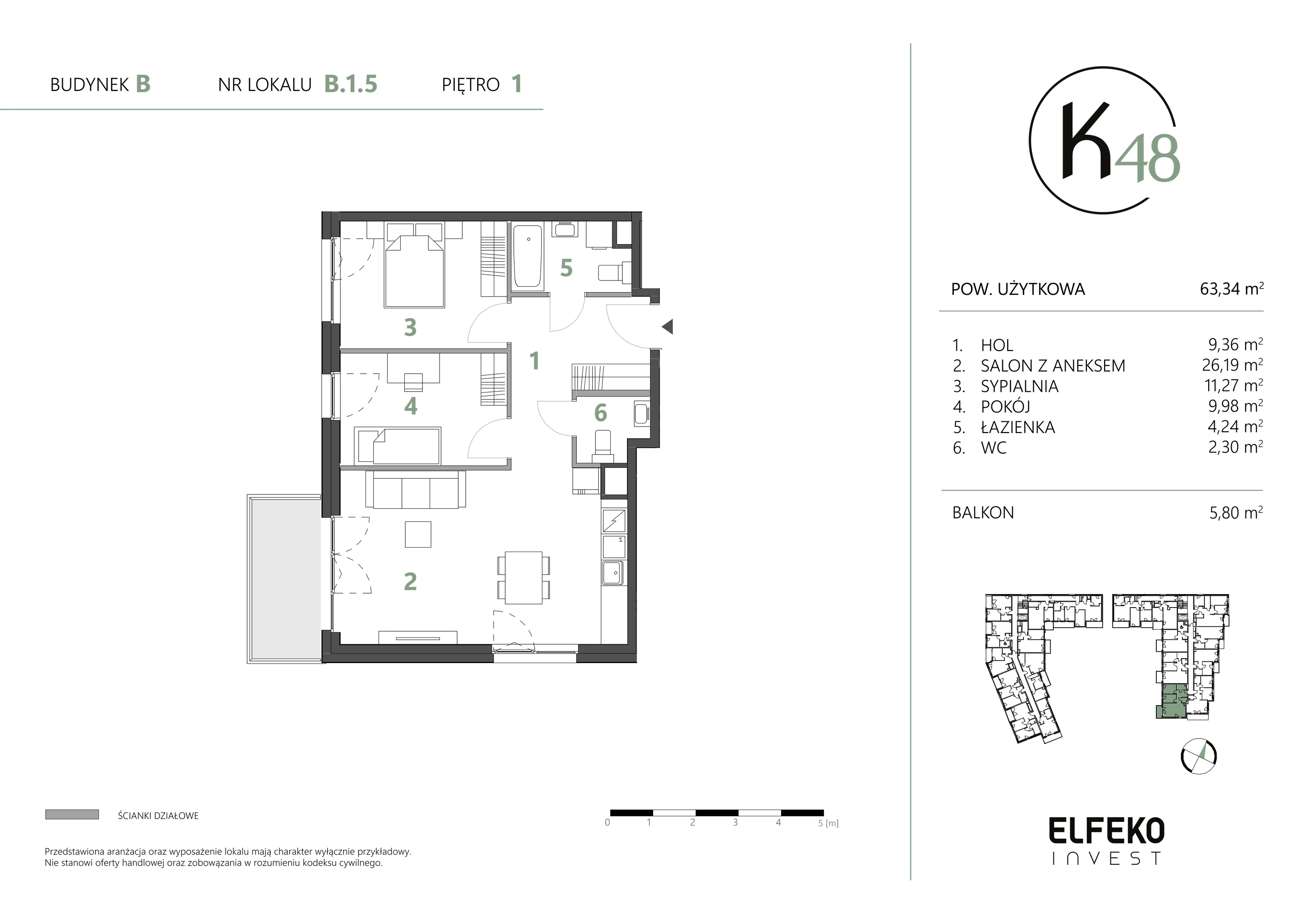 3 pokoje, mieszkanie 63,34 m², piętro 1, oferta nr B.1.5, K48, Gdańsk, Przymorze, ul. Kołobrzeska 48