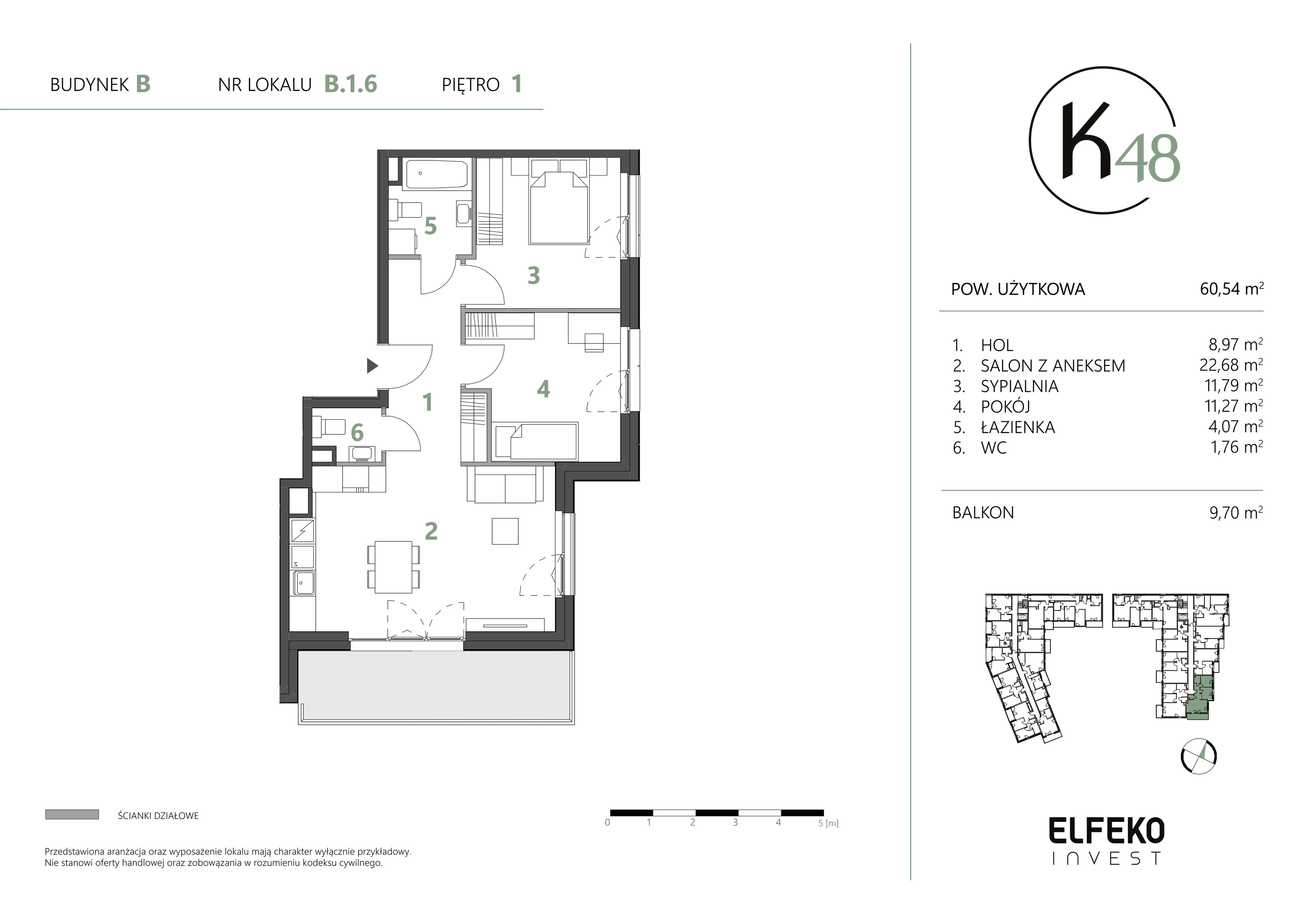 3 pokoje, mieszkanie 60,54 m², piętro 1, oferta nr B.1.6, K48, Gdańsk, Przymorze, ul. Kołobrzeska 48