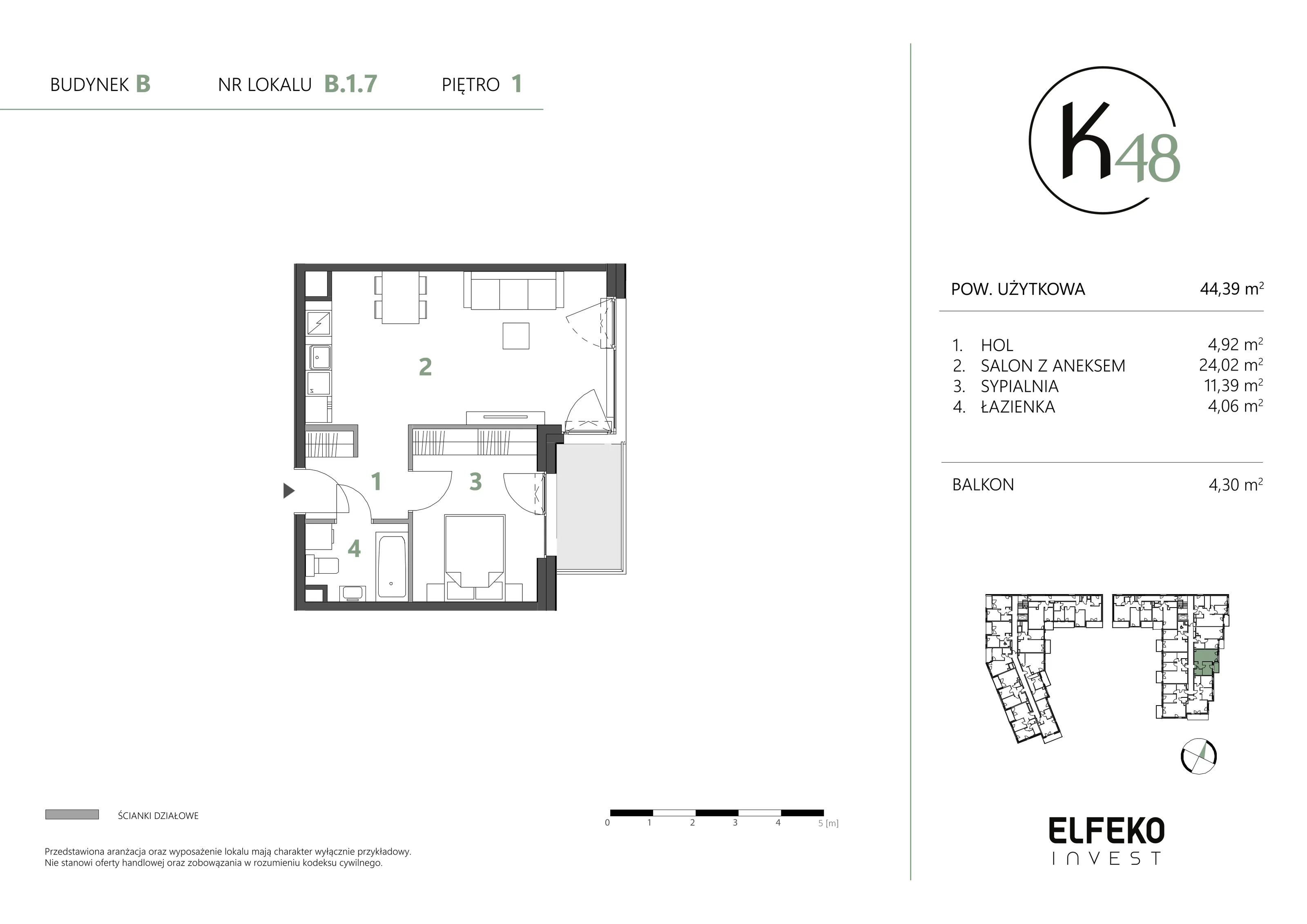 2 pokoje, mieszkanie 44,39 m², piętro 1, oferta nr B.1.7, K48, Gdańsk, Przymorze, ul. Kołobrzeska 48