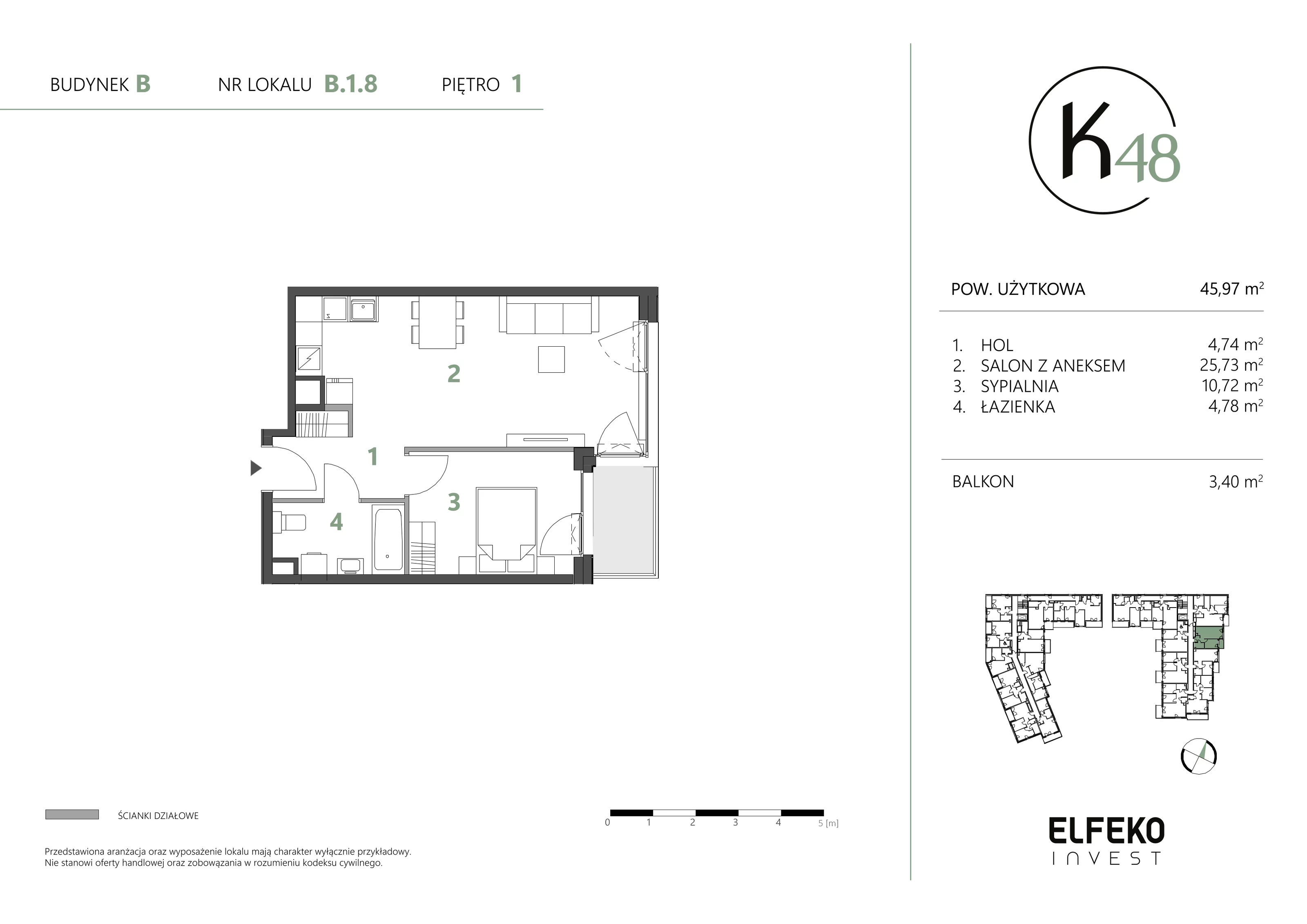 2 pokoje, mieszkanie 45,97 m², piętro 1, oferta nr B.1.8, K48, Gdańsk, Przymorze, ul. Kołobrzeska 48