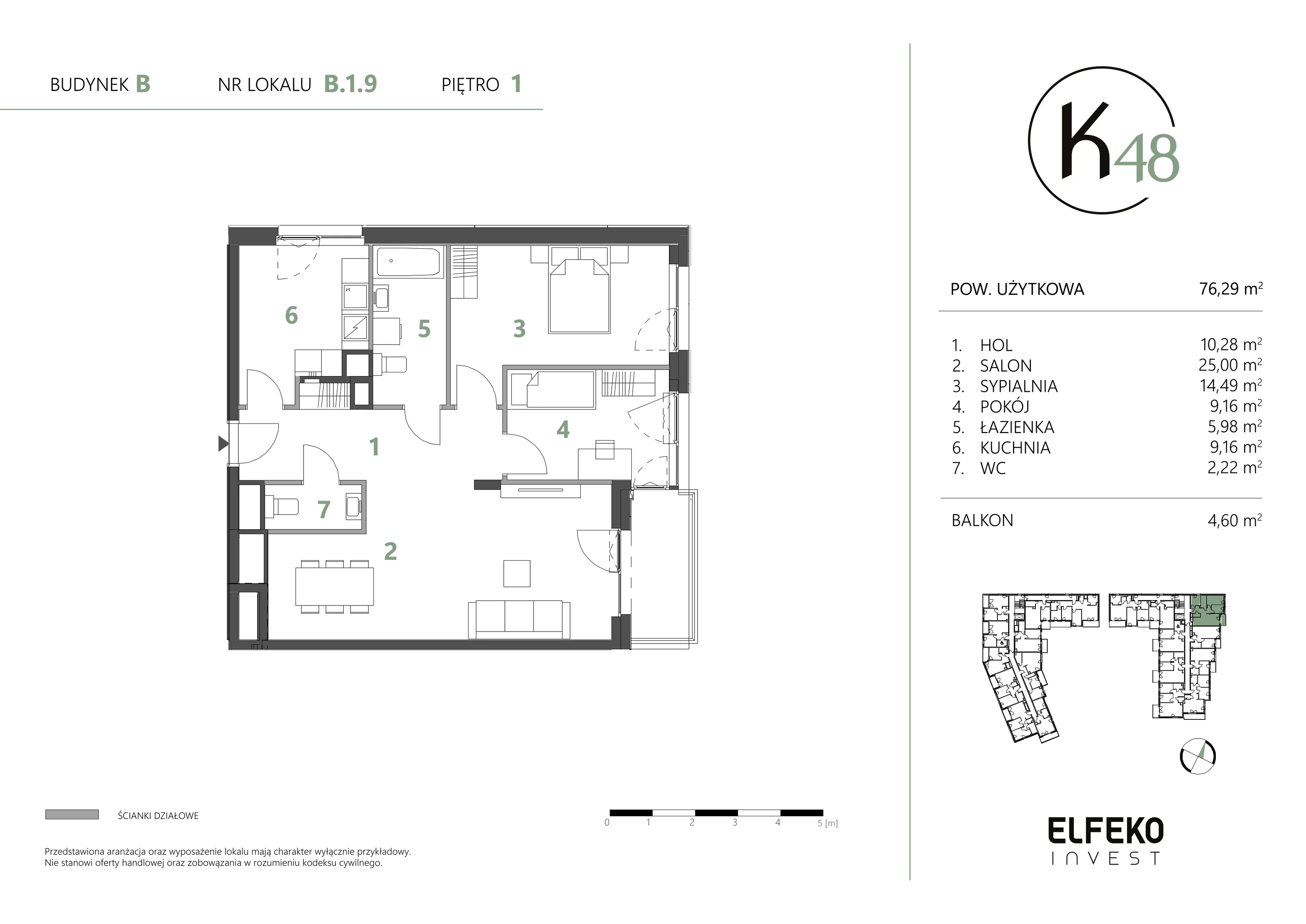 3 pokoje, mieszkanie 76,29 m², piętro 1, oferta nr B.1.9, K48, Gdańsk, Przymorze, ul. Kołobrzeska 48
