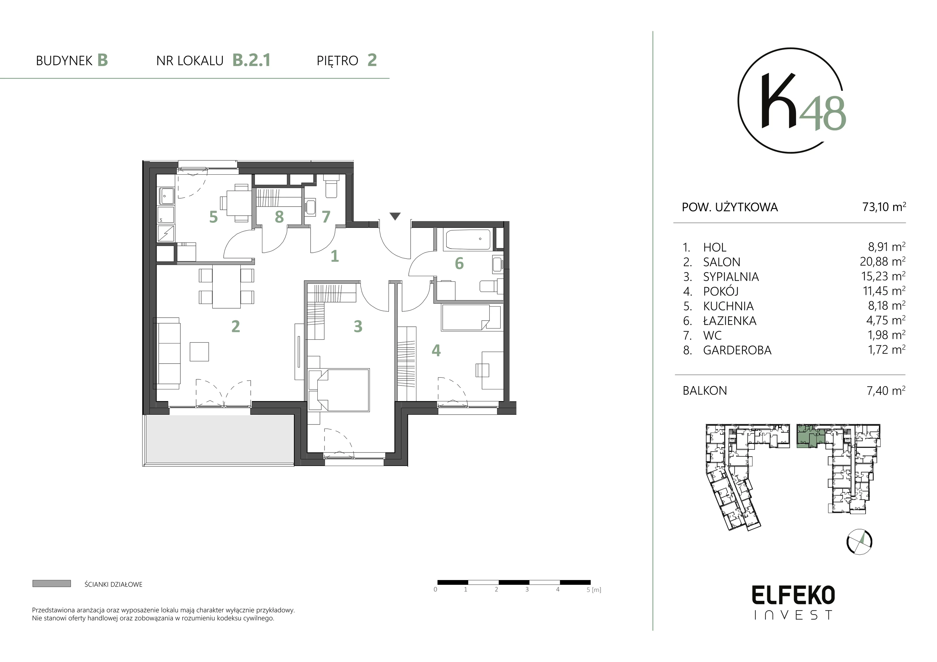 3 pokoje, mieszkanie 73,10 m², piętro 2, oferta nr B.2.1, K48, Gdańsk, Przymorze, ul. Kołobrzeska 48