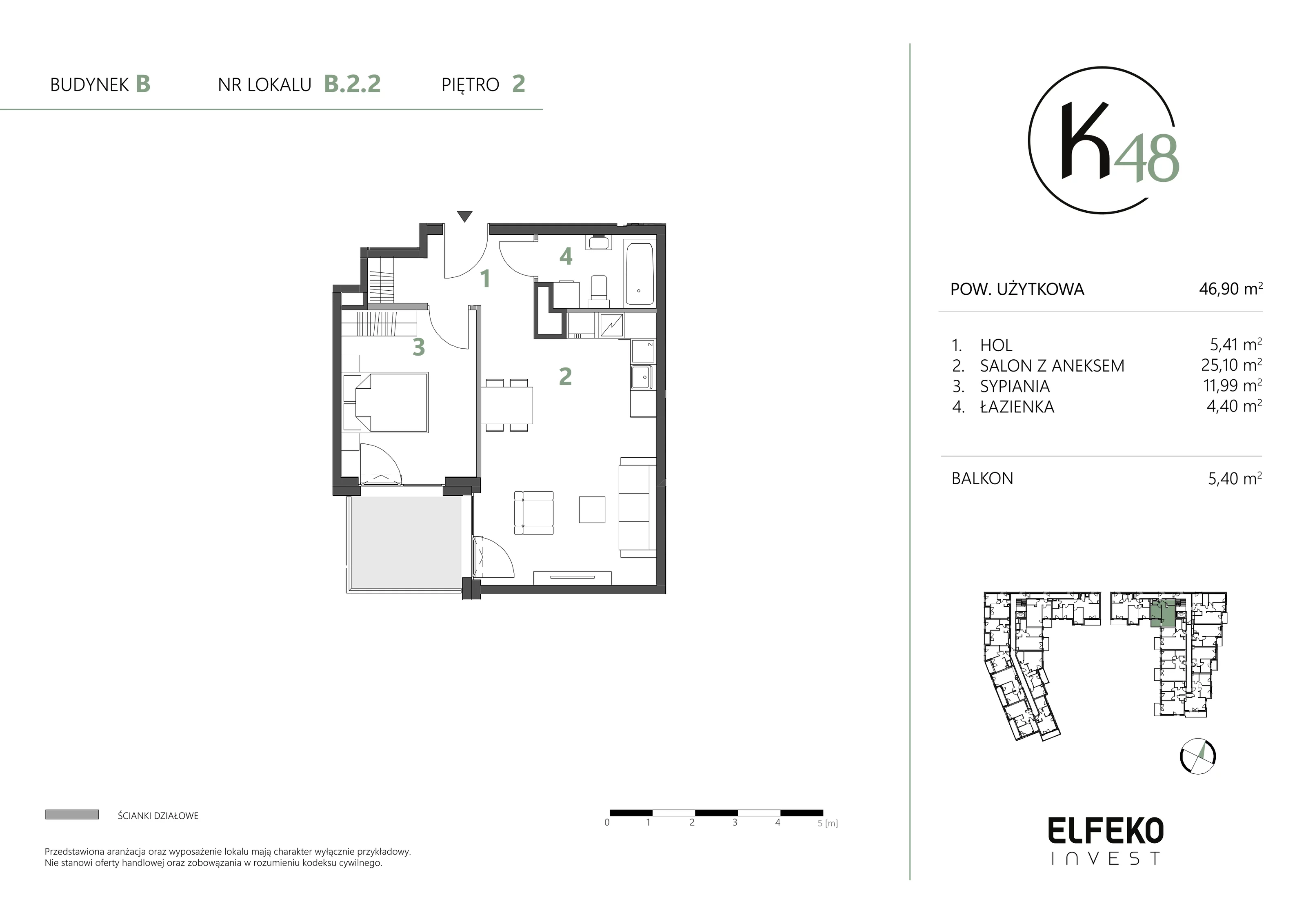 2 pokoje, mieszkanie 46,90 m², piętro 2, oferta nr B.2.2, K48, Gdańsk, Przymorze, ul. Kołobrzeska 48