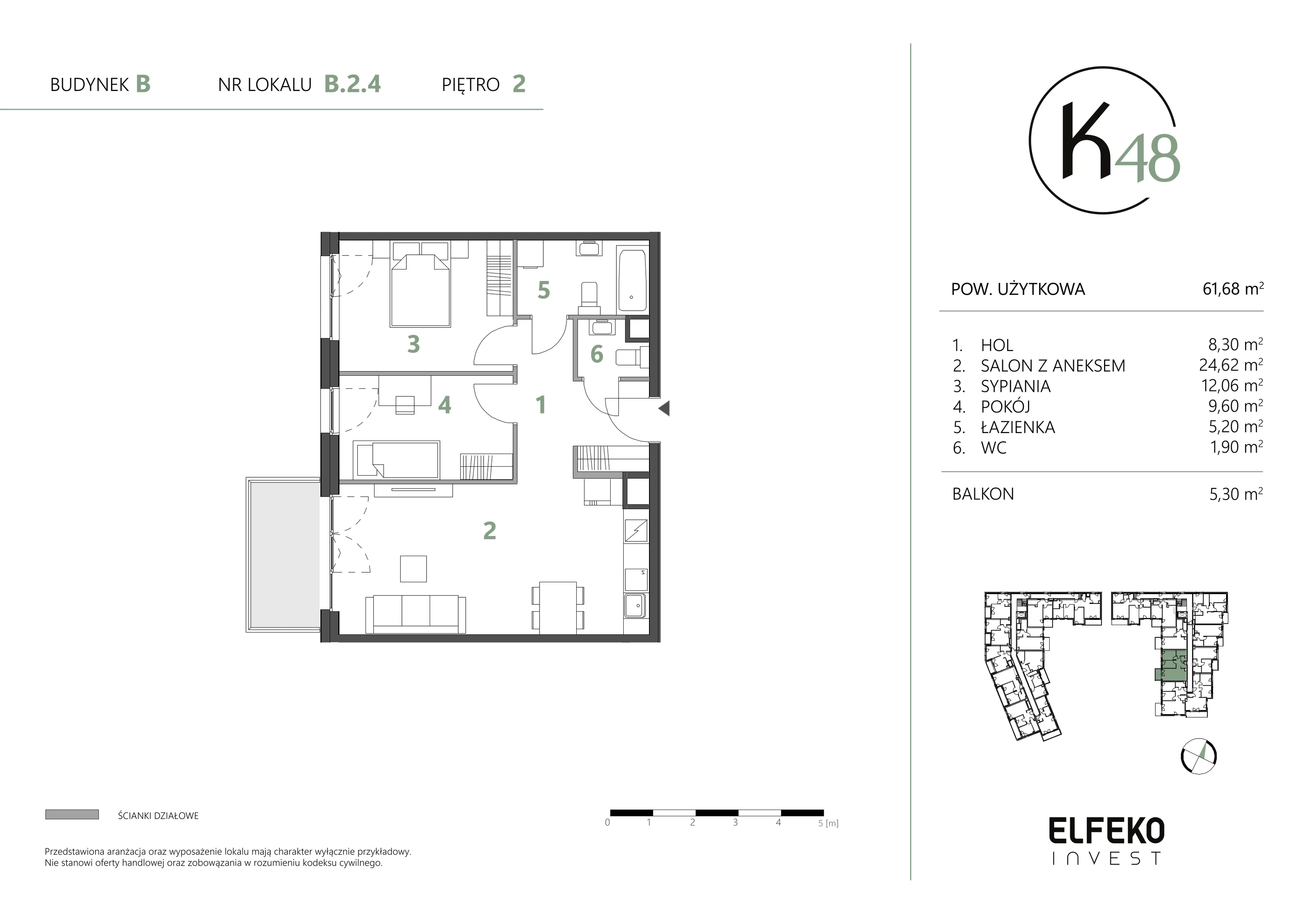 3 pokoje, mieszkanie 61,68 m², piętro 2, oferta nr B.2.4, K48, Gdańsk, Przymorze, ul. Kołobrzeska 48