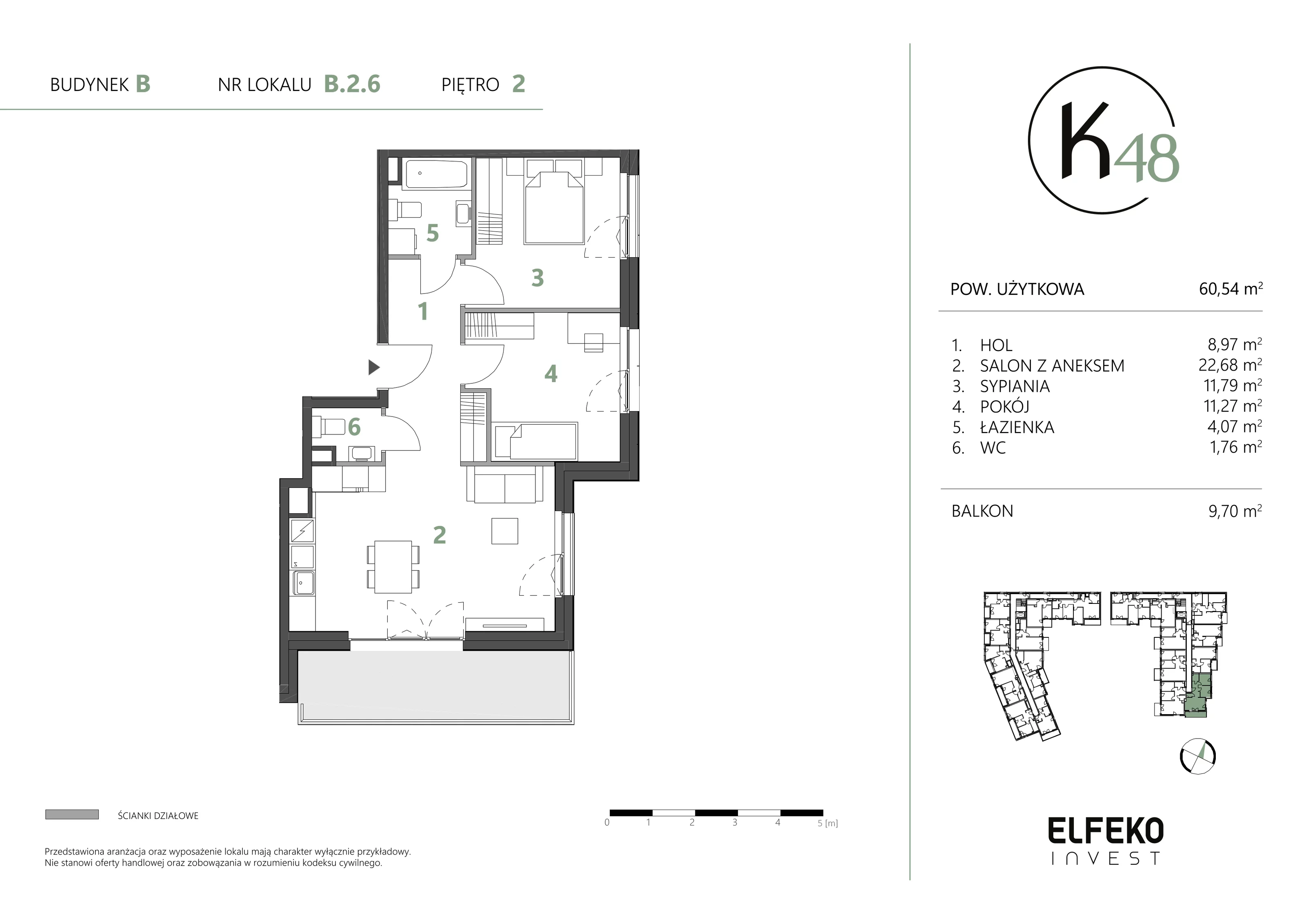 3 pokoje, mieszkanie 60,54 m², piętro 2, oferta nr B.2.6, K48, Gdańsk, Przymorze, ul. Kołobrzeska 48