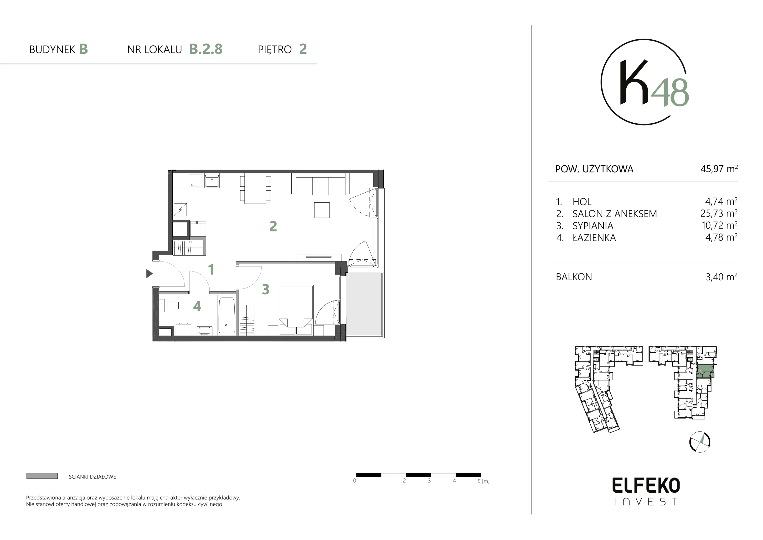 2 pokoje, mieszkanie 45,97 m², piętro 2, oferta nr B.2.8, K48, Gdańsk, Przymorze, ul. Kołobrzeska 48