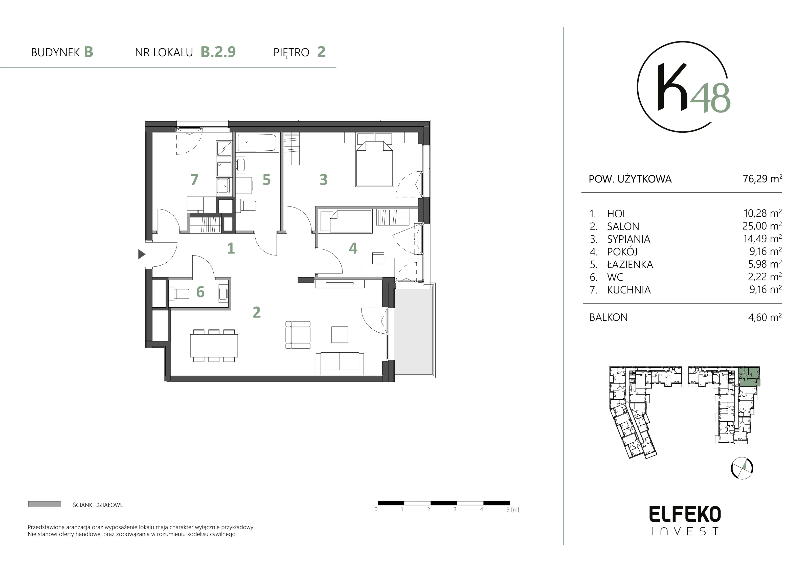 3 pokoje, mieszkanie 76,29 m², piętro 2, oferta nr B.2.9, K48, Gdańsk, Przymorze, ul. Kołobrzeska 48