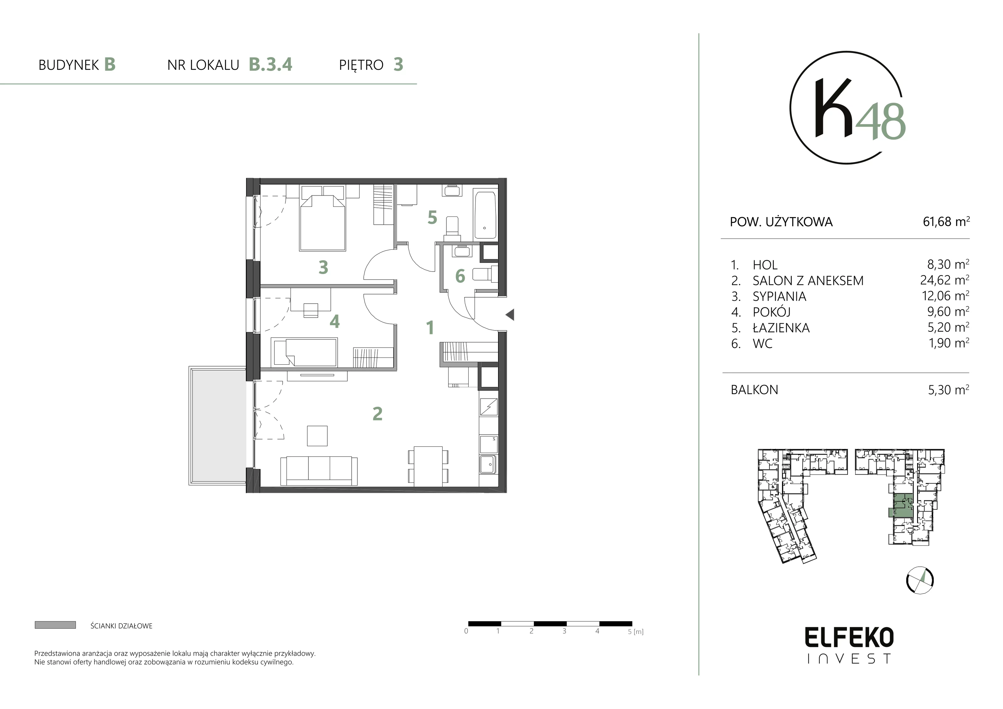 3 pokoje, mieszkanie 61,68 m², piętro 3, oferta nr B.3.4, K48, Gdańsk, Przymorze, ul. Kołobrzeska 48