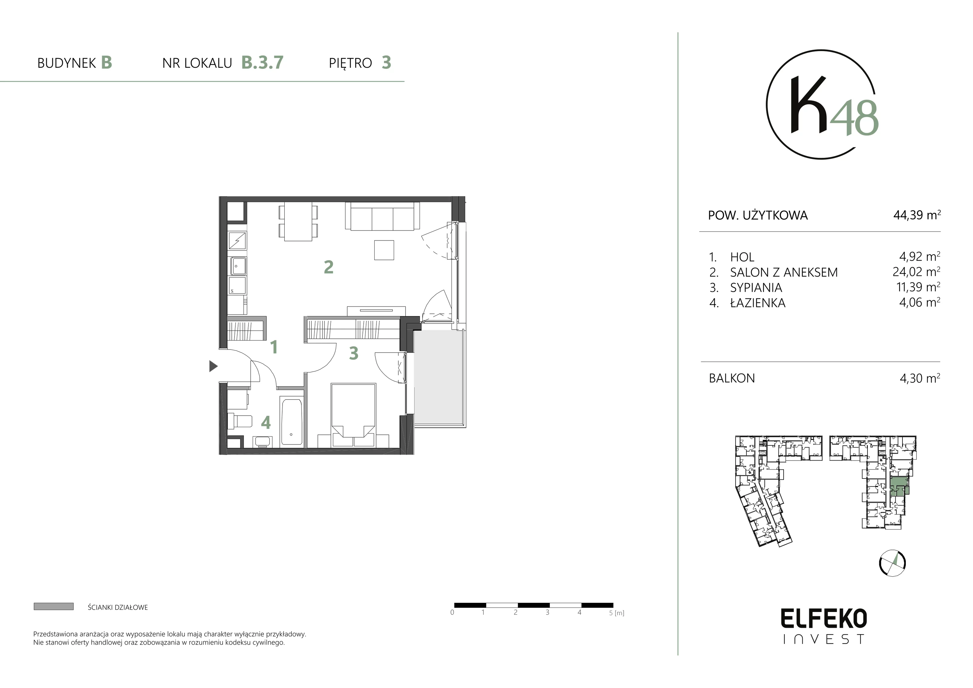 2 pokoje, mieszkanie 44,39 m², piętro 3, oferta nr B.3.7, K48, Gdańsk, Przymorze, ul. Kołobrzeska 48