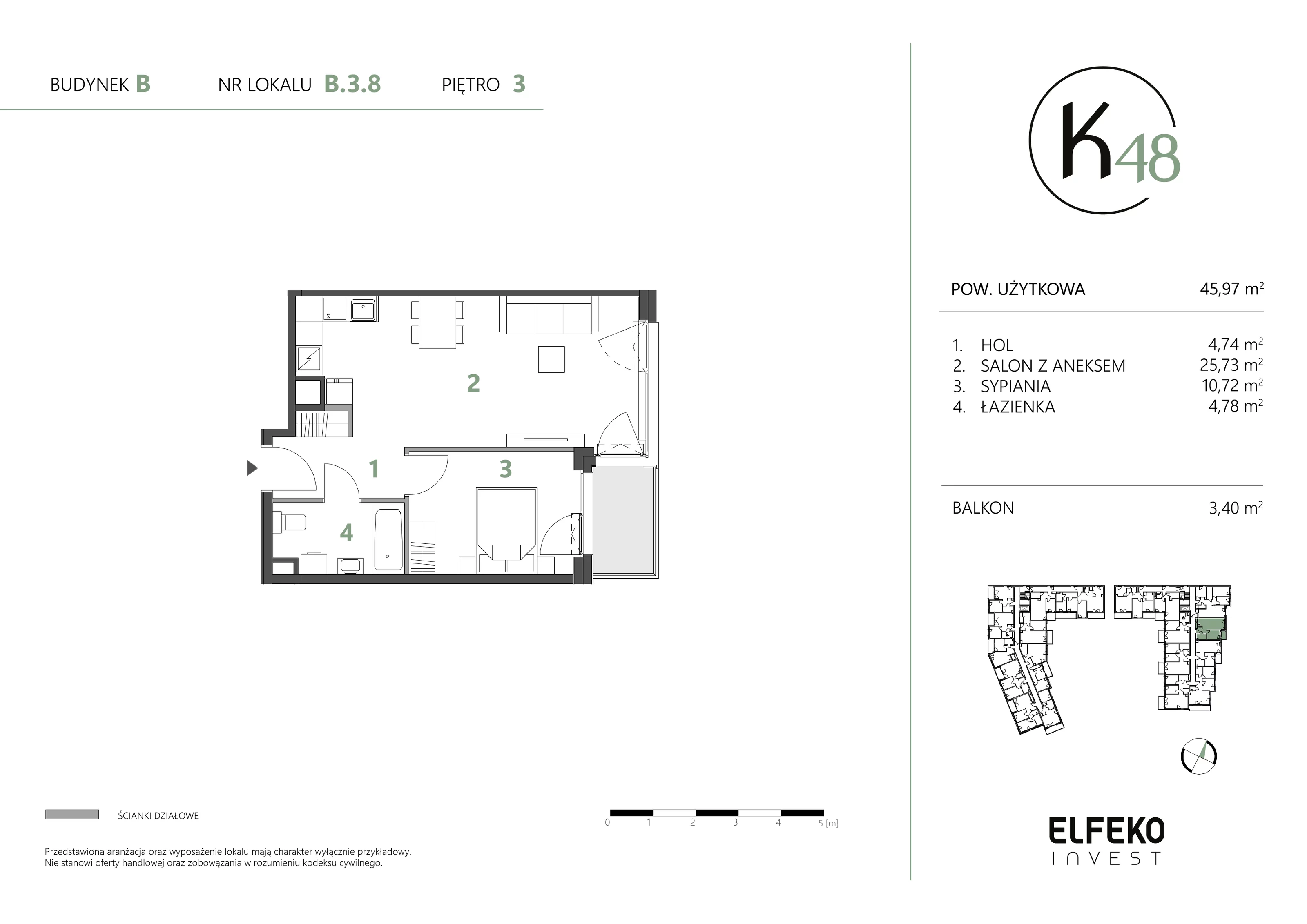 2 pokoje, mieszkanie 45,97 m², piętro 3, oferta nr B.3.8, K48, Gdańsk, Przymorze, ul. Kołobrzeska 48