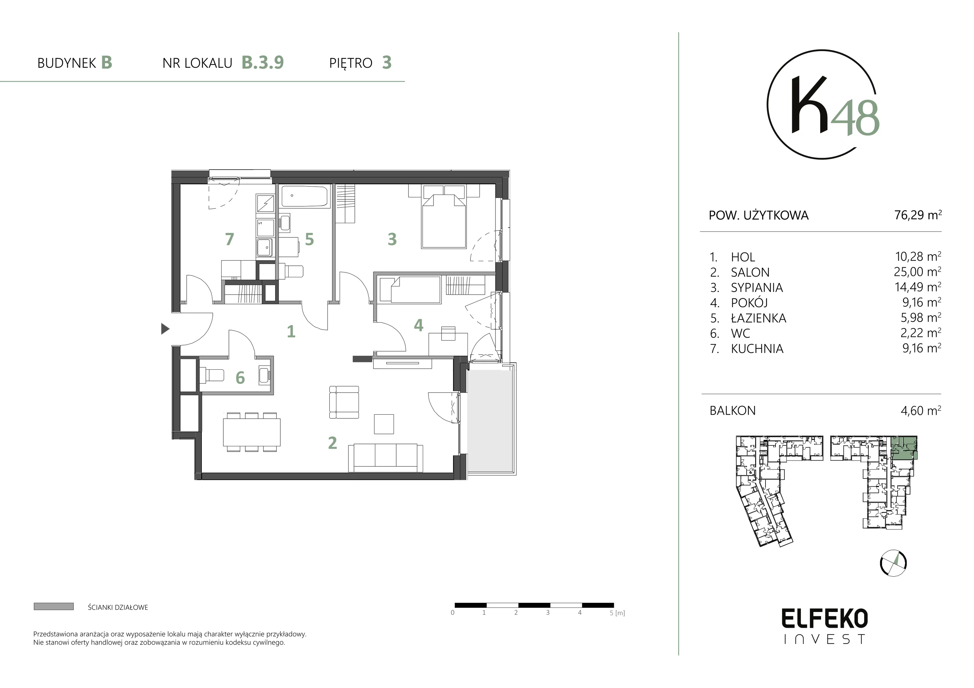3 pokoje, mieszkanie 76,29 m², piętro 3, oferta nr B.3.9, K48, Gdańsk, Przymorze, ul. Kołobrzeska 48