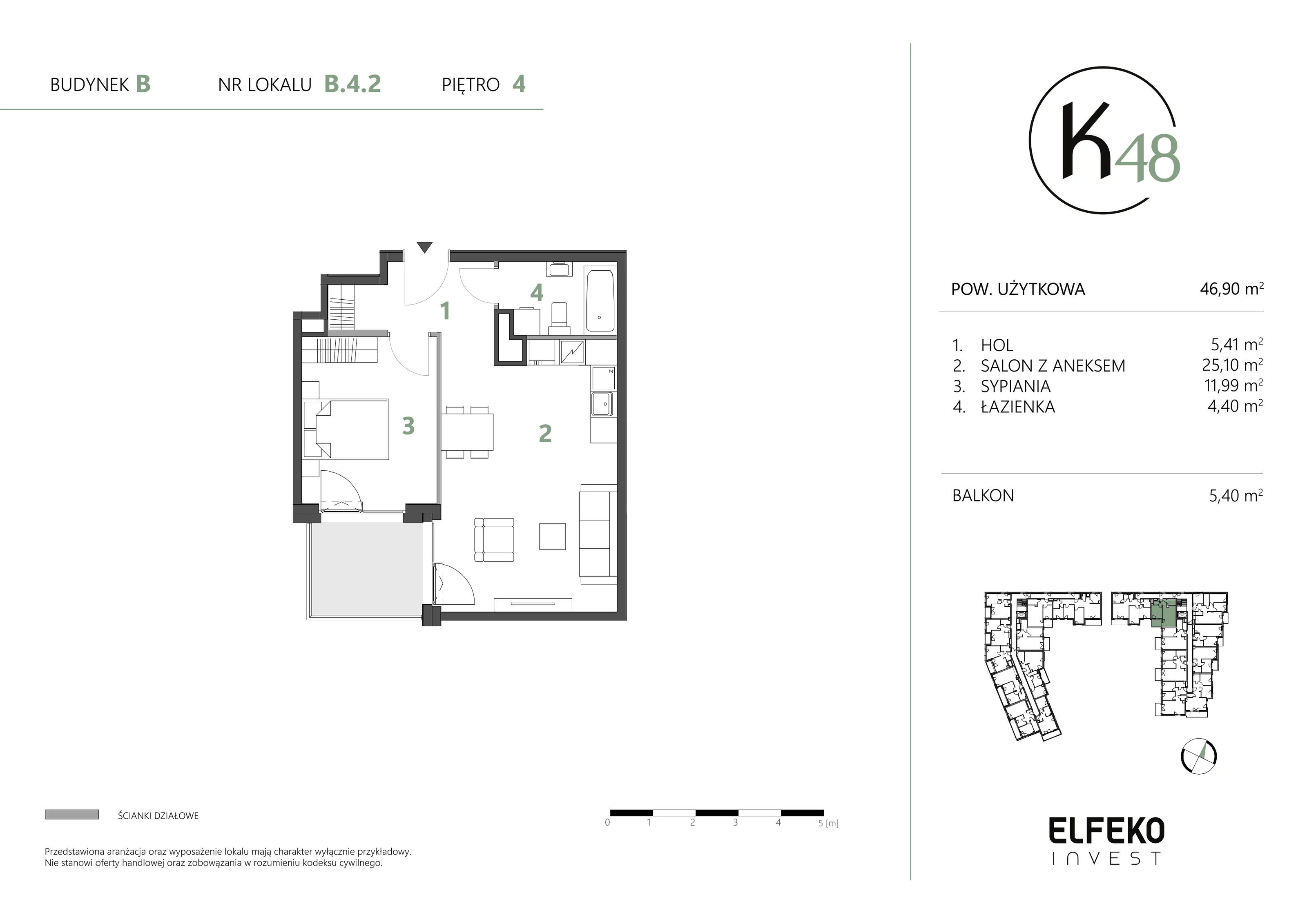 2 pokoje, mieszkanie 46,90 m², piętro 4, oferta nr B.4.2, K48, Gdańsk, Przymorze, ul. Kołobrzeska 48